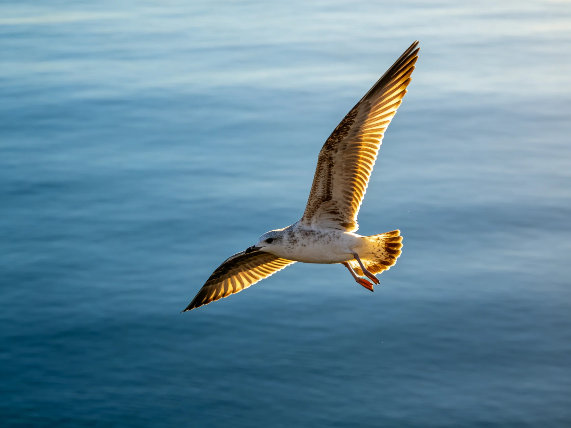A seagull flies over calm blue waters with outstretched wings