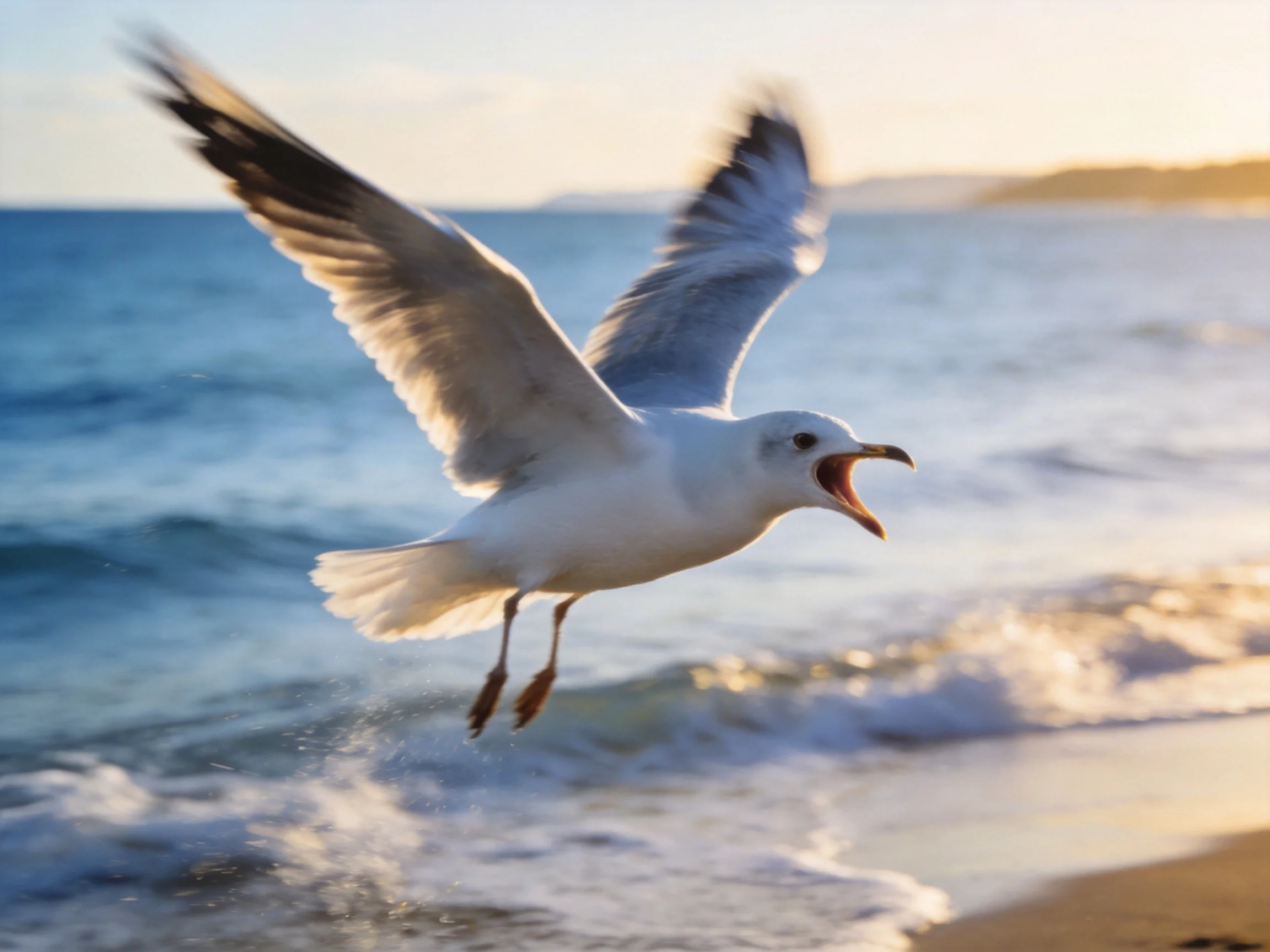 A seagull glides over a sandy beach with turquoise ocean waves