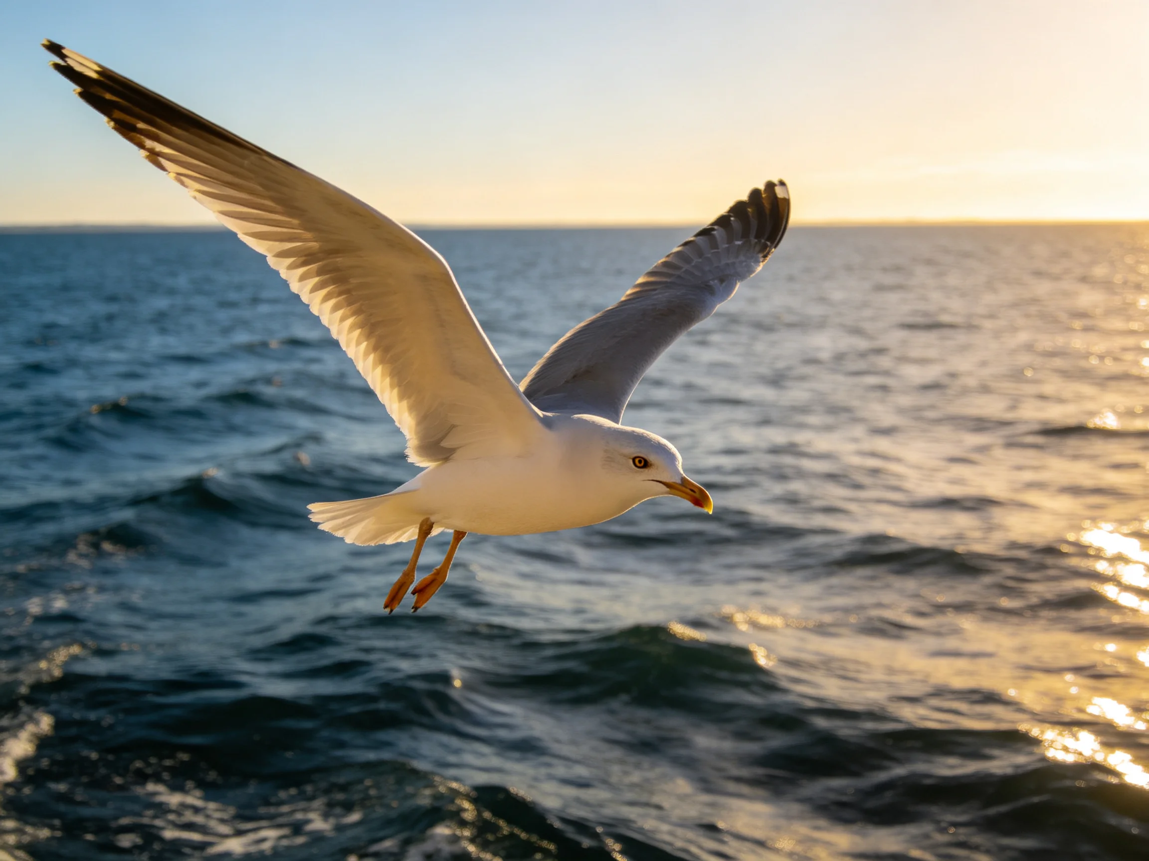 A seagull glides over sparkling ocean waves at golden sunset