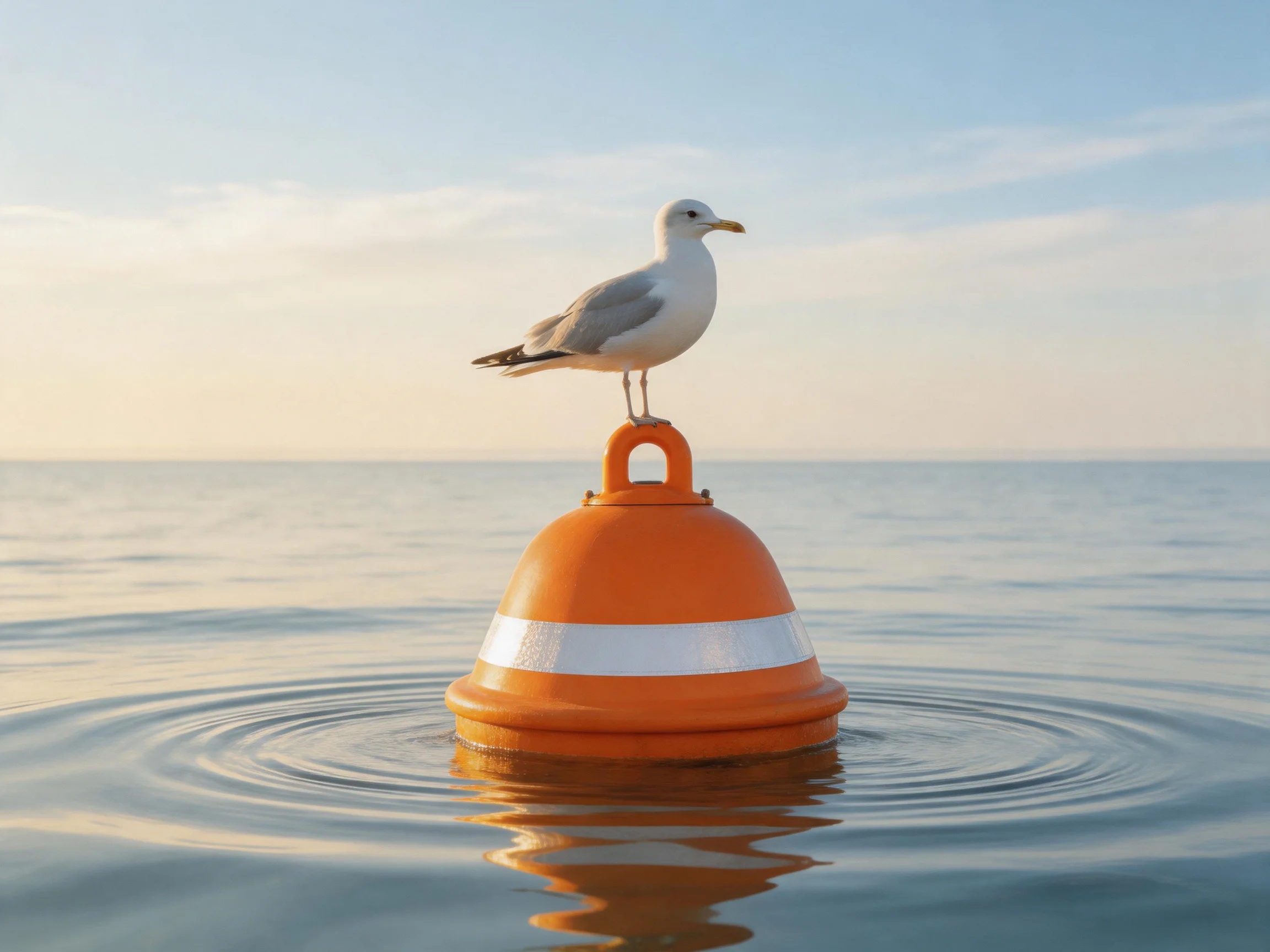 A seagull perches on an orange buoy with a white stripe in calm water