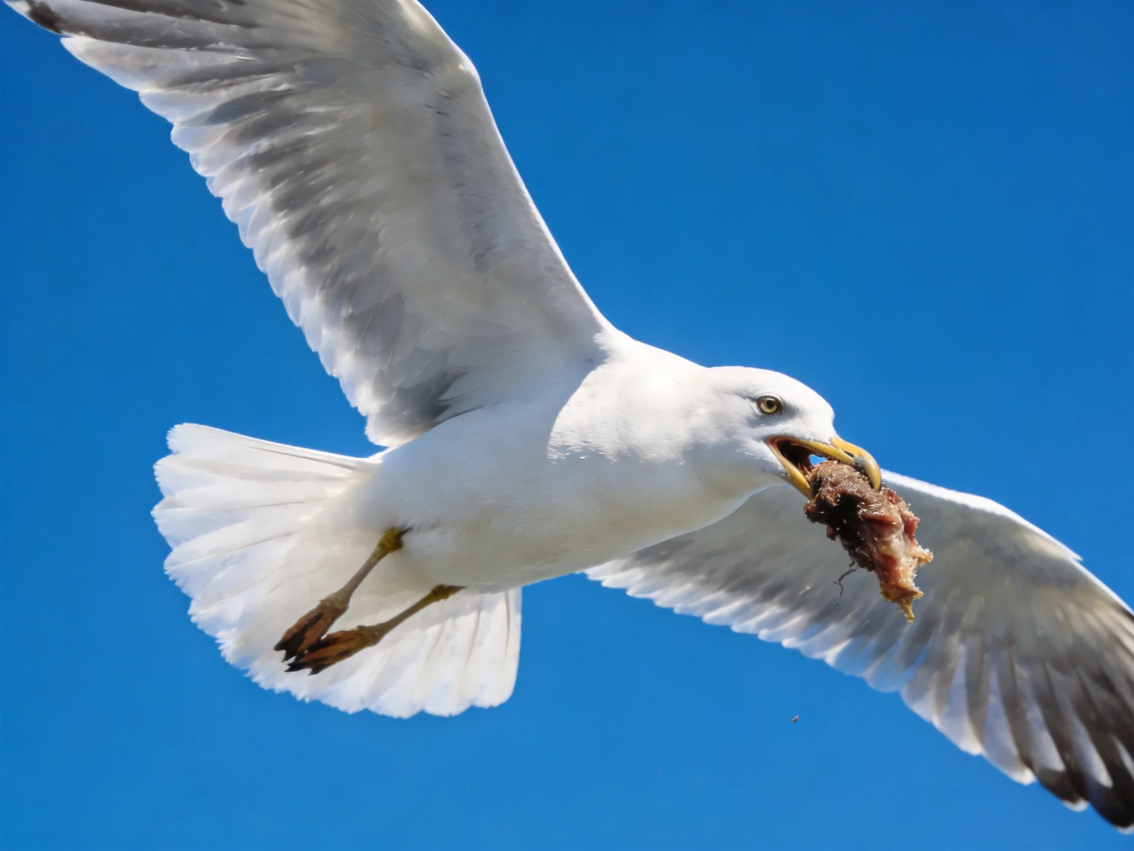 A seagull soaring through clear blue sky with a large piece of meat