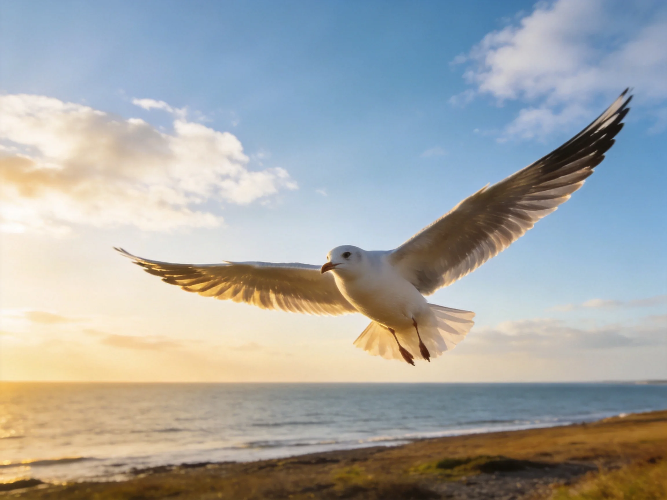A seagull soars over a sandy shore with golden sunset skies