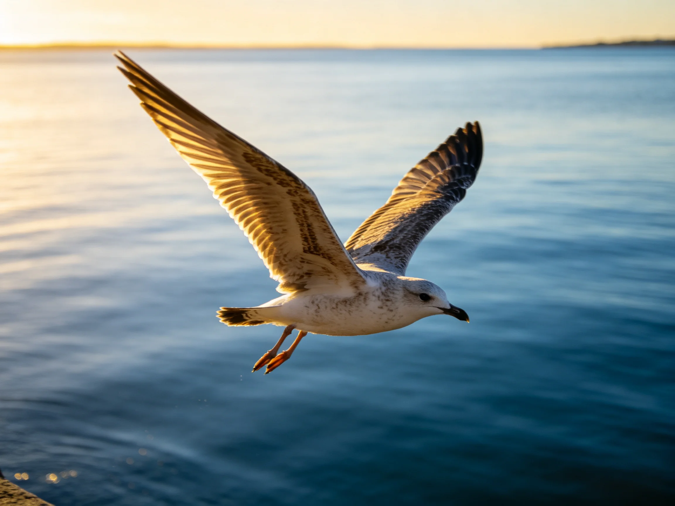 A seagull soars over calm blue waters at golden hour