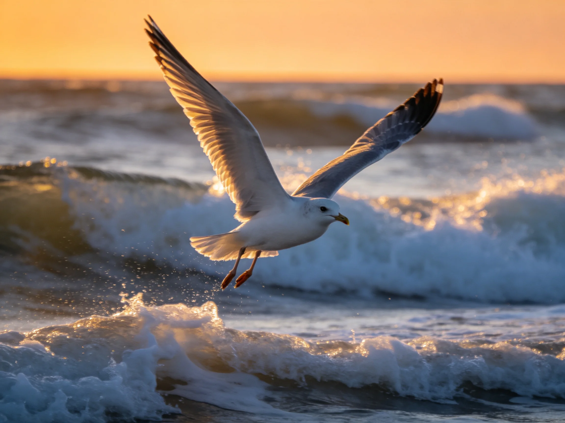 A seagull soars over crashing ocean waves at golden hour