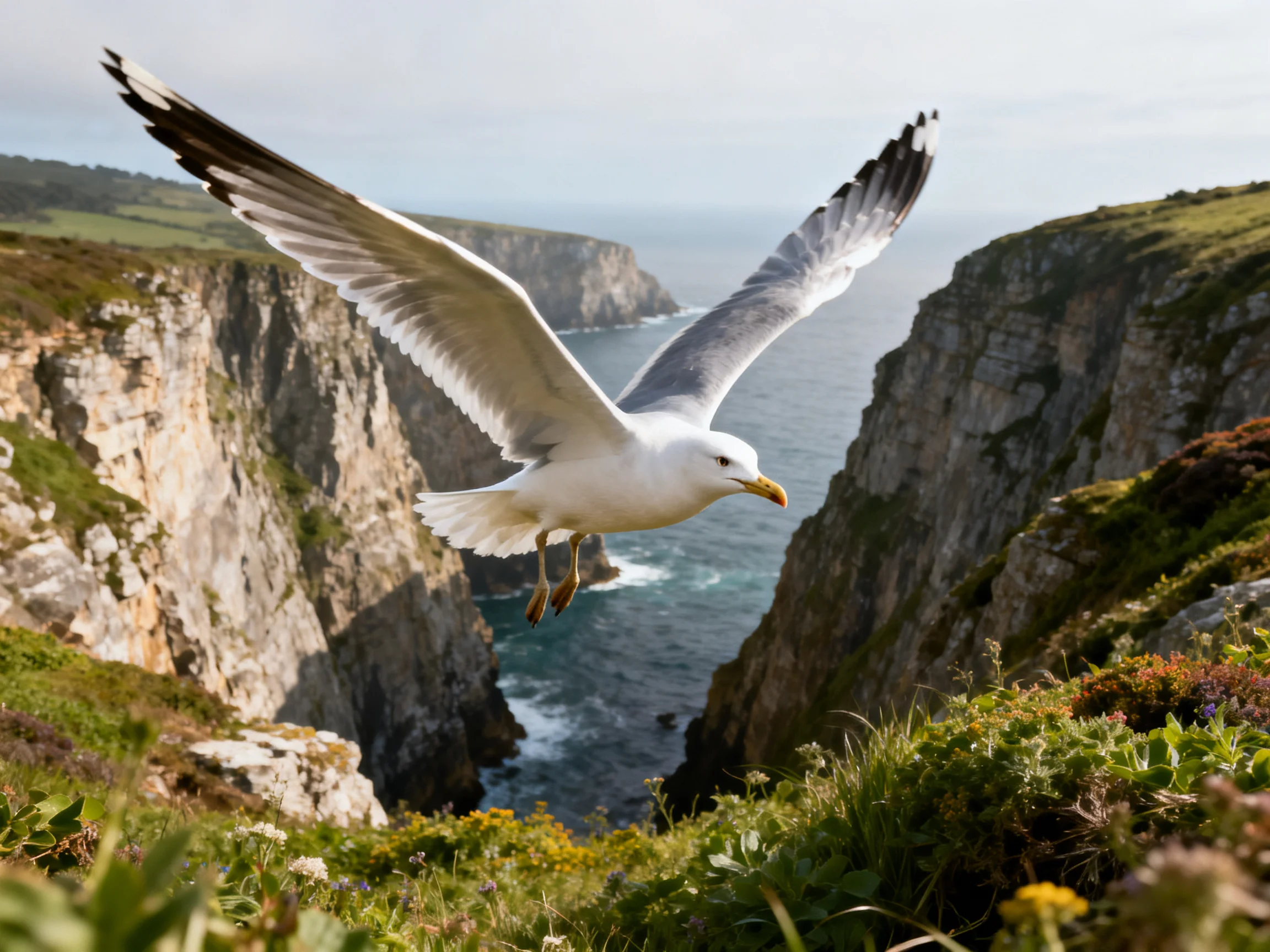 A seagull soars over rugged coastal cliffs near the ocean