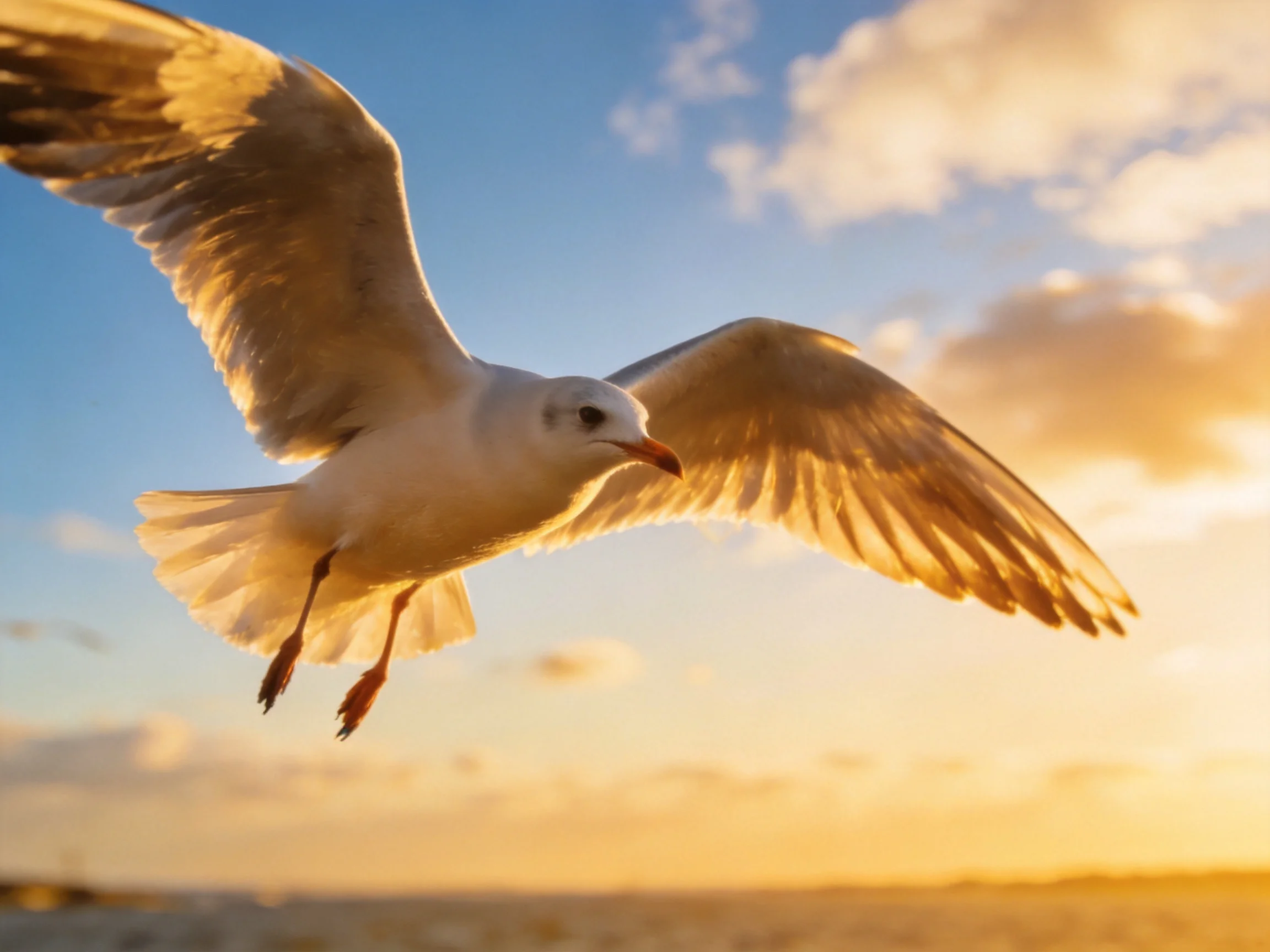 A seagull soars with outstretched wings against golden sunset skies
