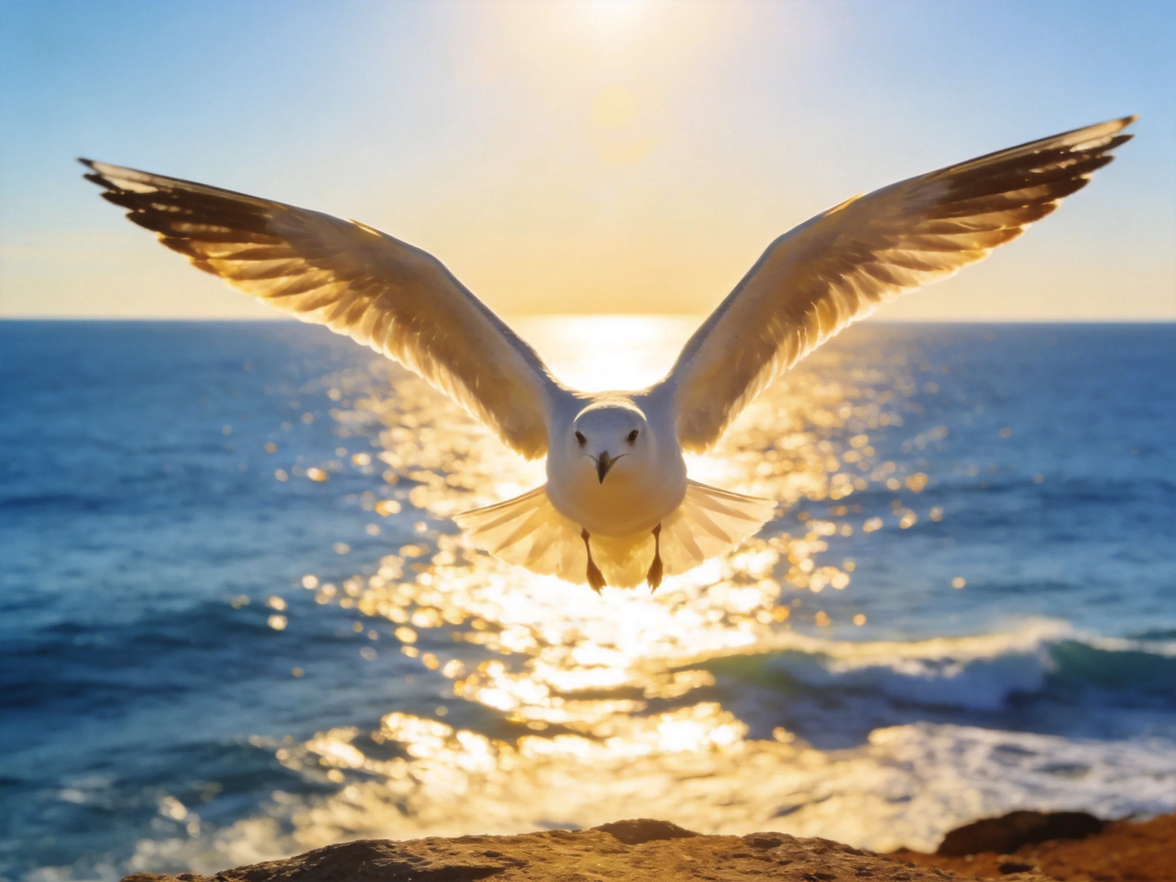 A seagull spreads wings over shimmering ocean waters at golden hour