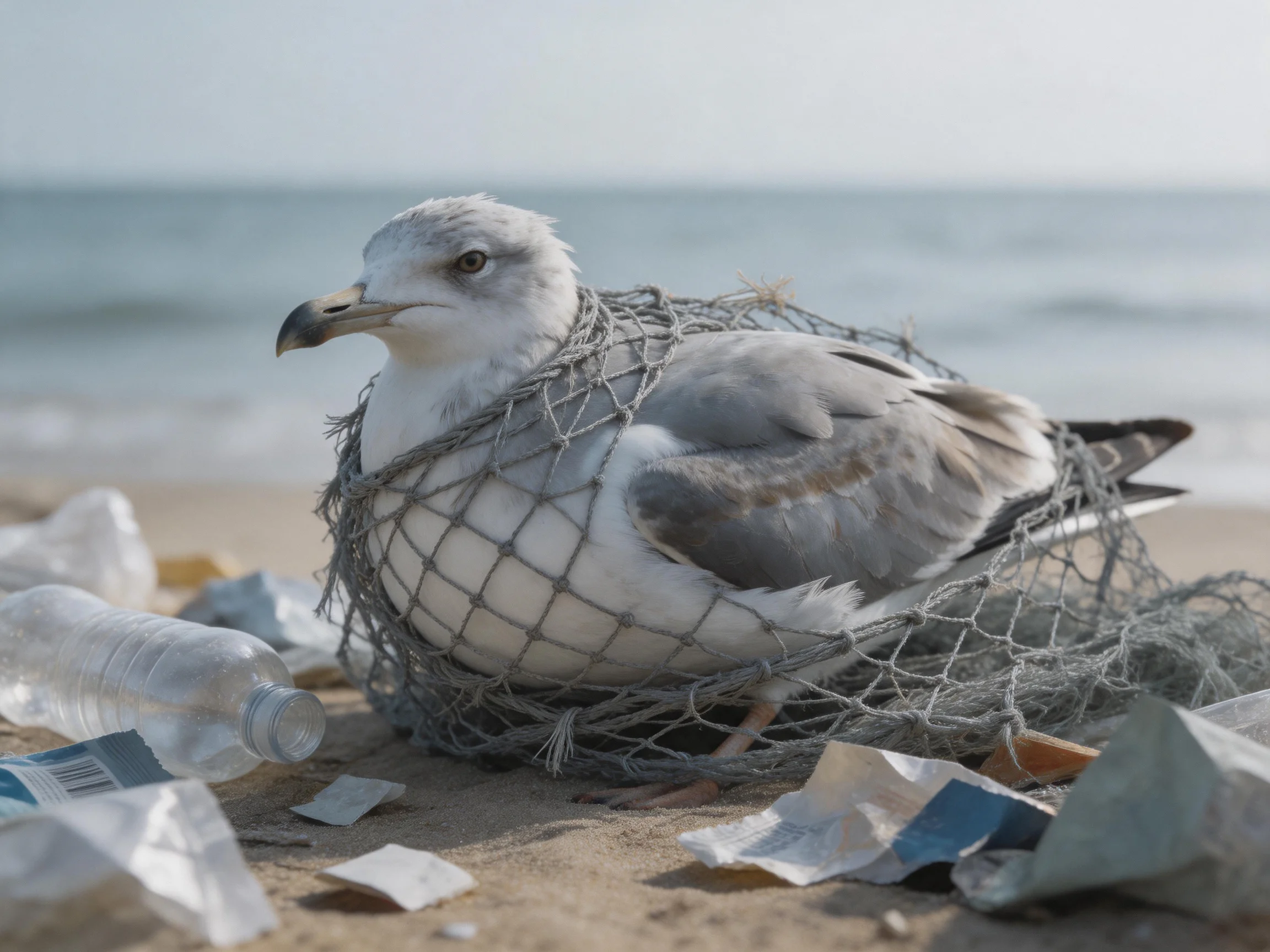 A seagull trapped in fishing net amid beach litter and ocean waves