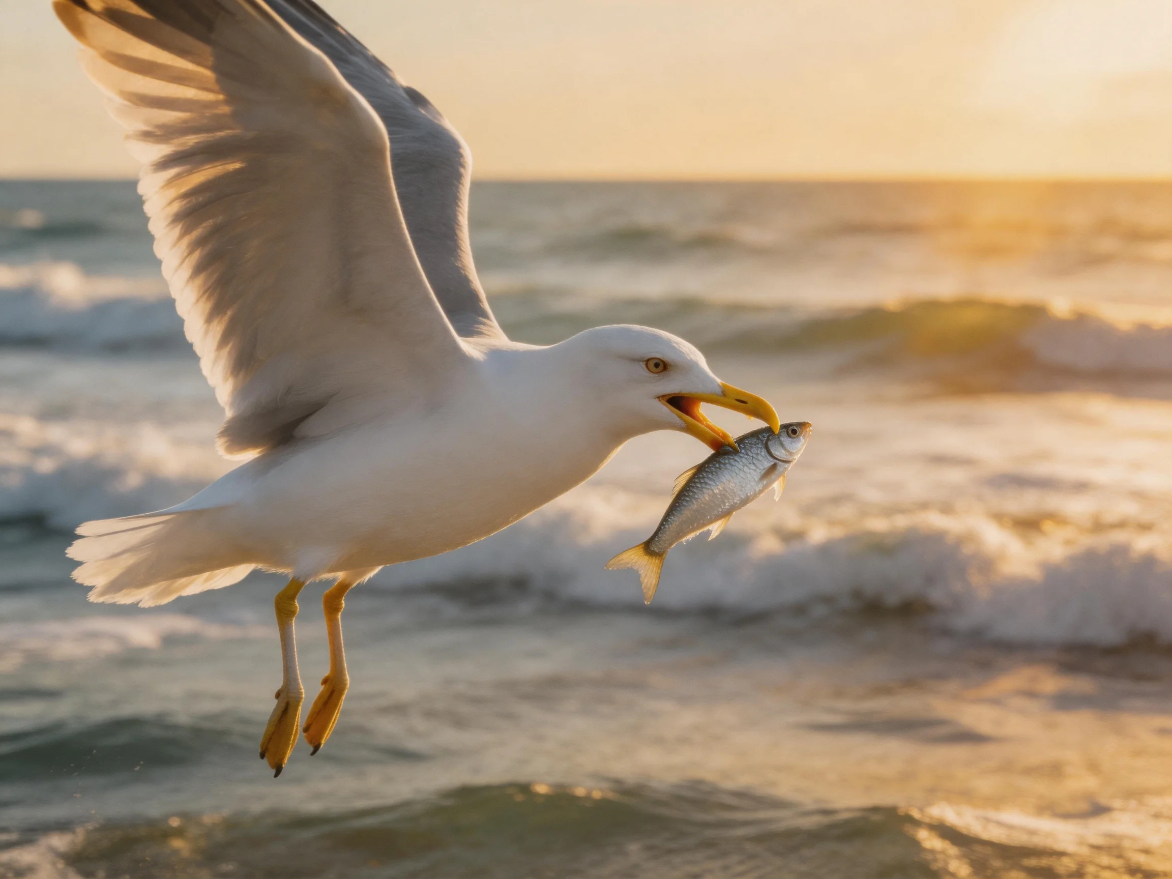 A seagull with yellow beak carries a silver fish over golden ocean waves