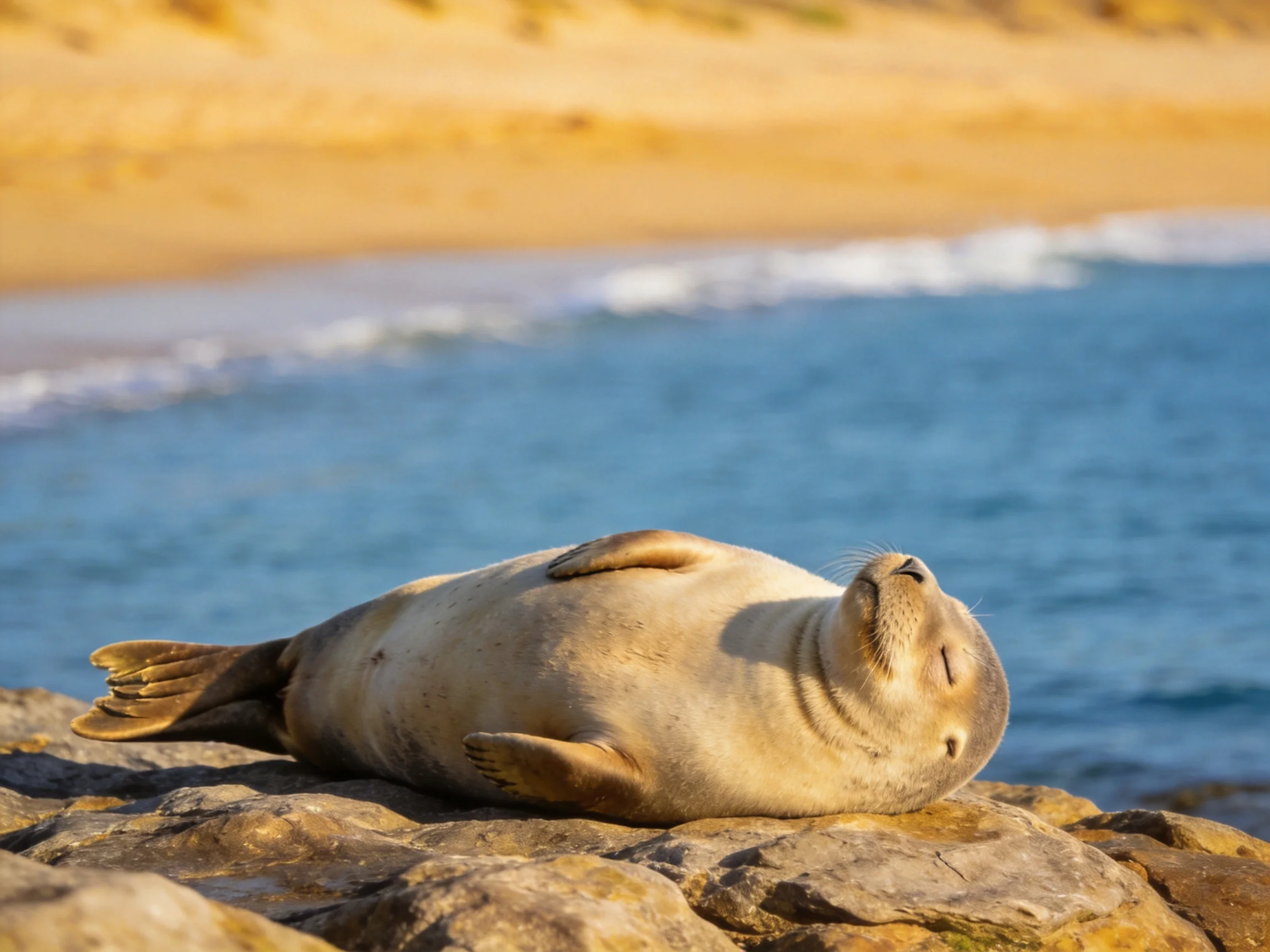 A seal lounges on rocky cliffs by the calm blue sea