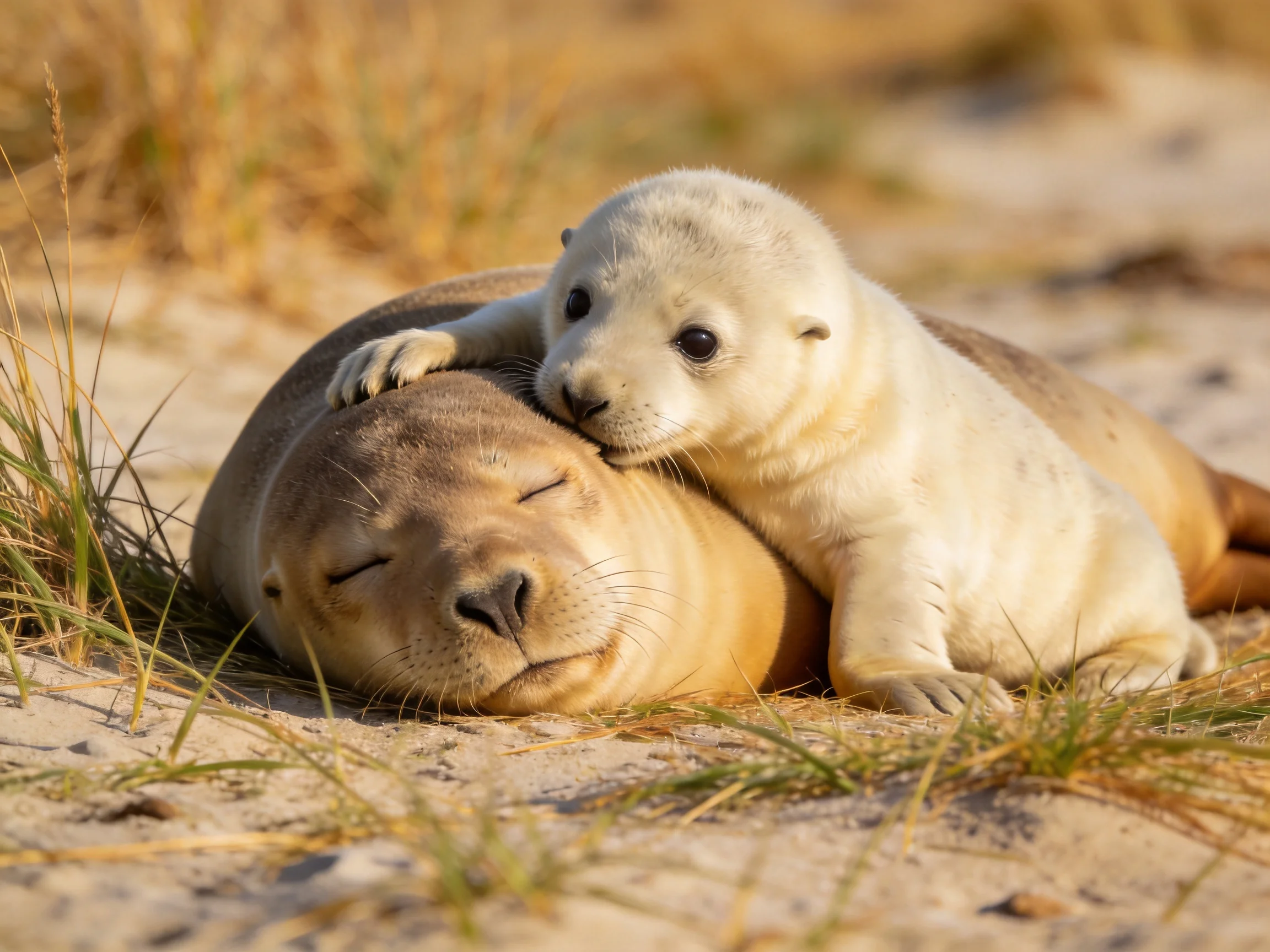 A seal pup cuddles an adult seal on a sandy beach