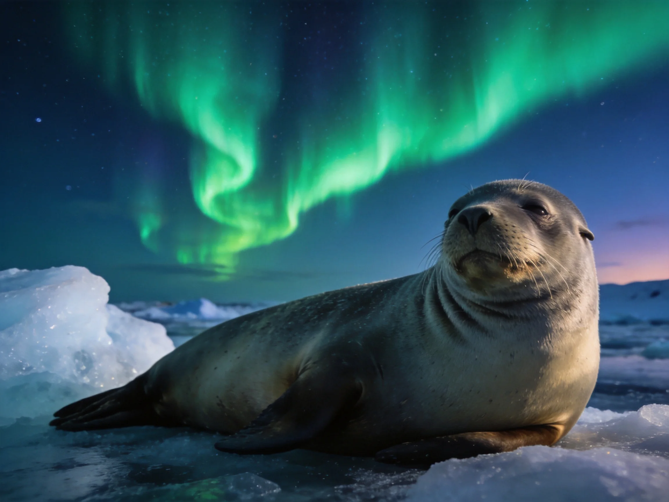A seal rests on icy terrain beneath vibrant green auroral displays