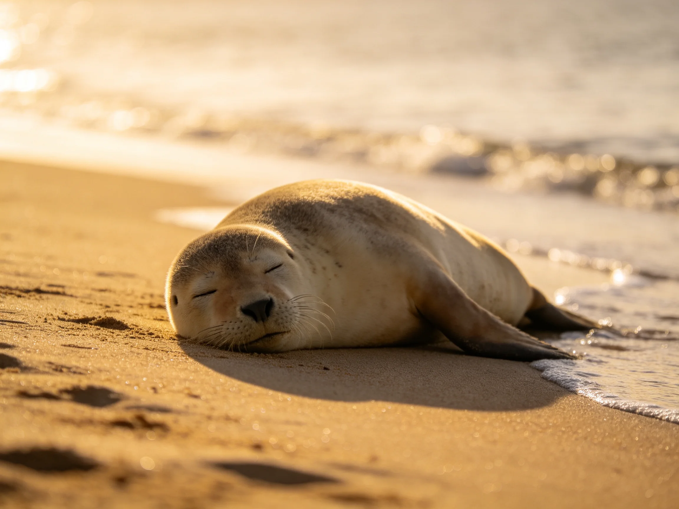 A seal rests peacefully on a sun-kissed sandy shore near the ocean