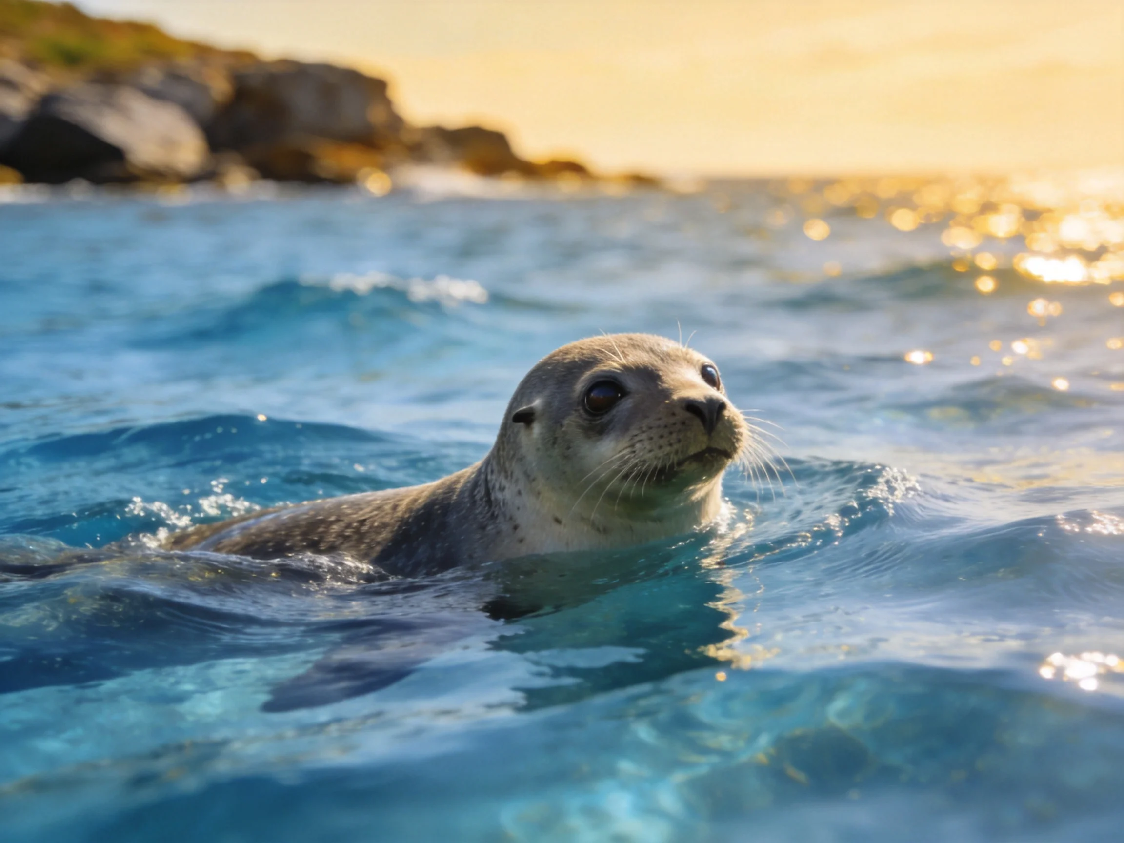 A seal swims in clear blue waters near rocky cliffs at golden hour