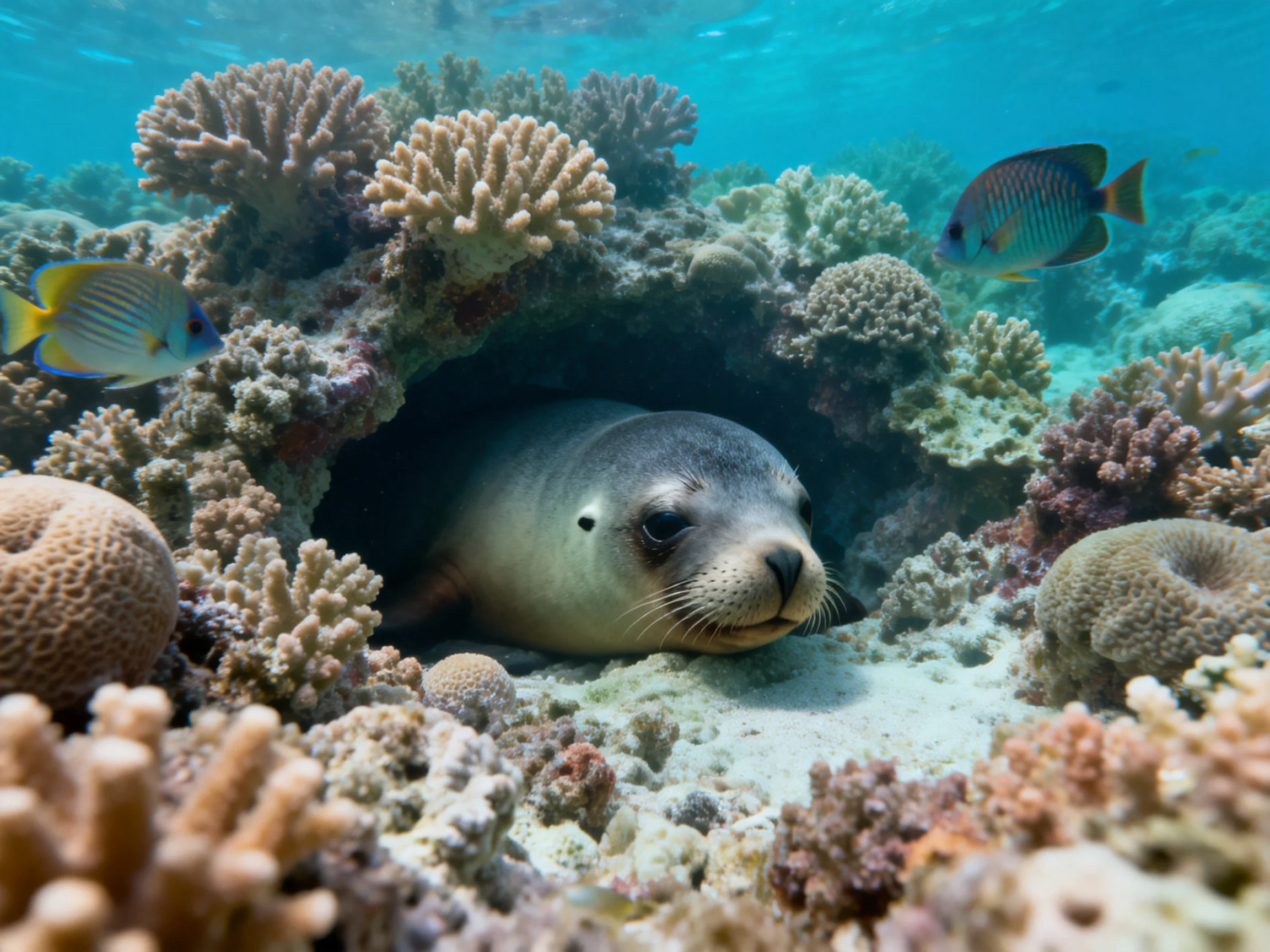 A sealion rests in a coral cave with tropical fish