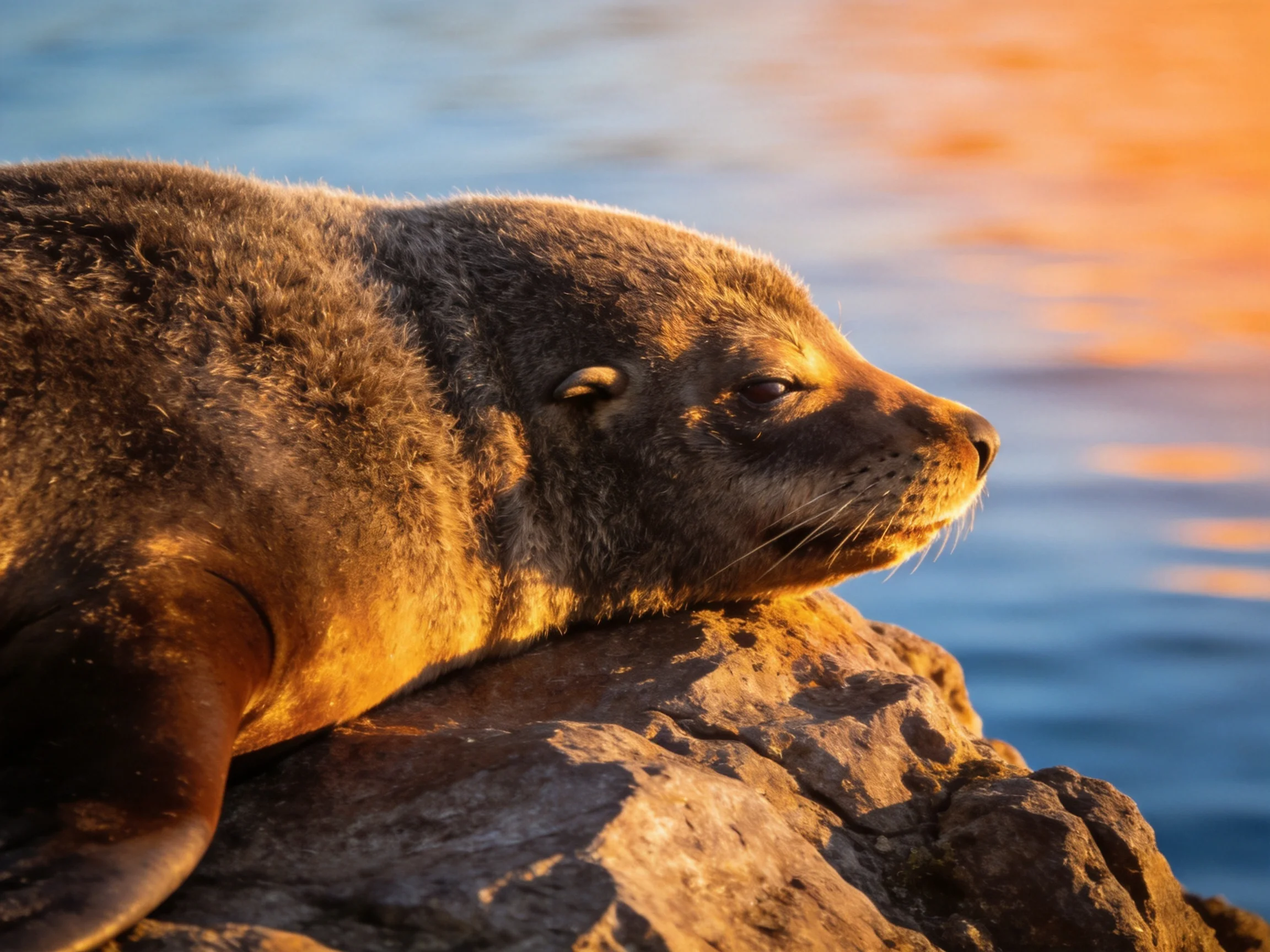 A sealion rests on a rocky outcrop by calm waters at golden hour