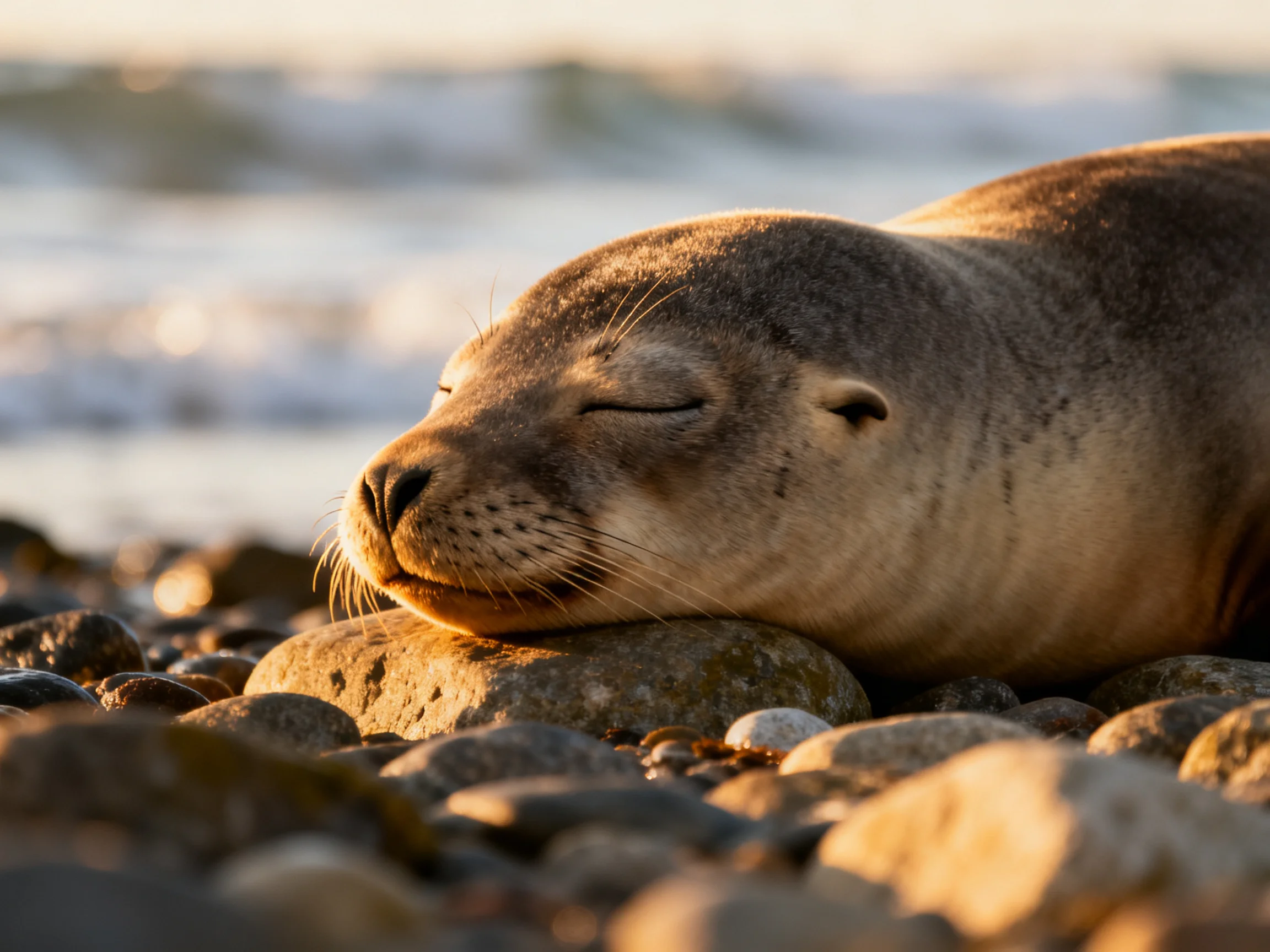 A sealion rests on smooth pebbles by the shoreline