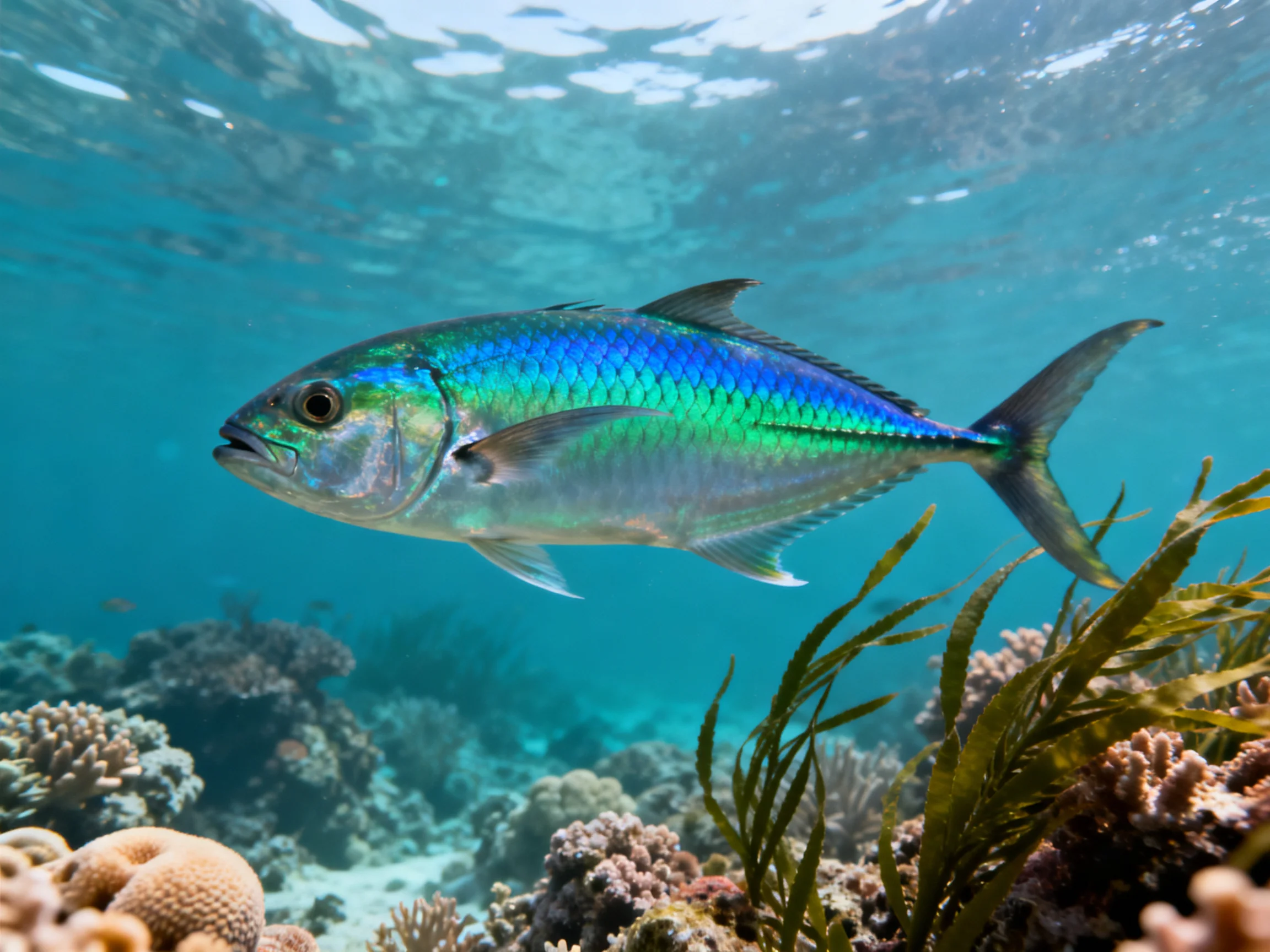 A shimmering blue-green fish swims near coral reefs