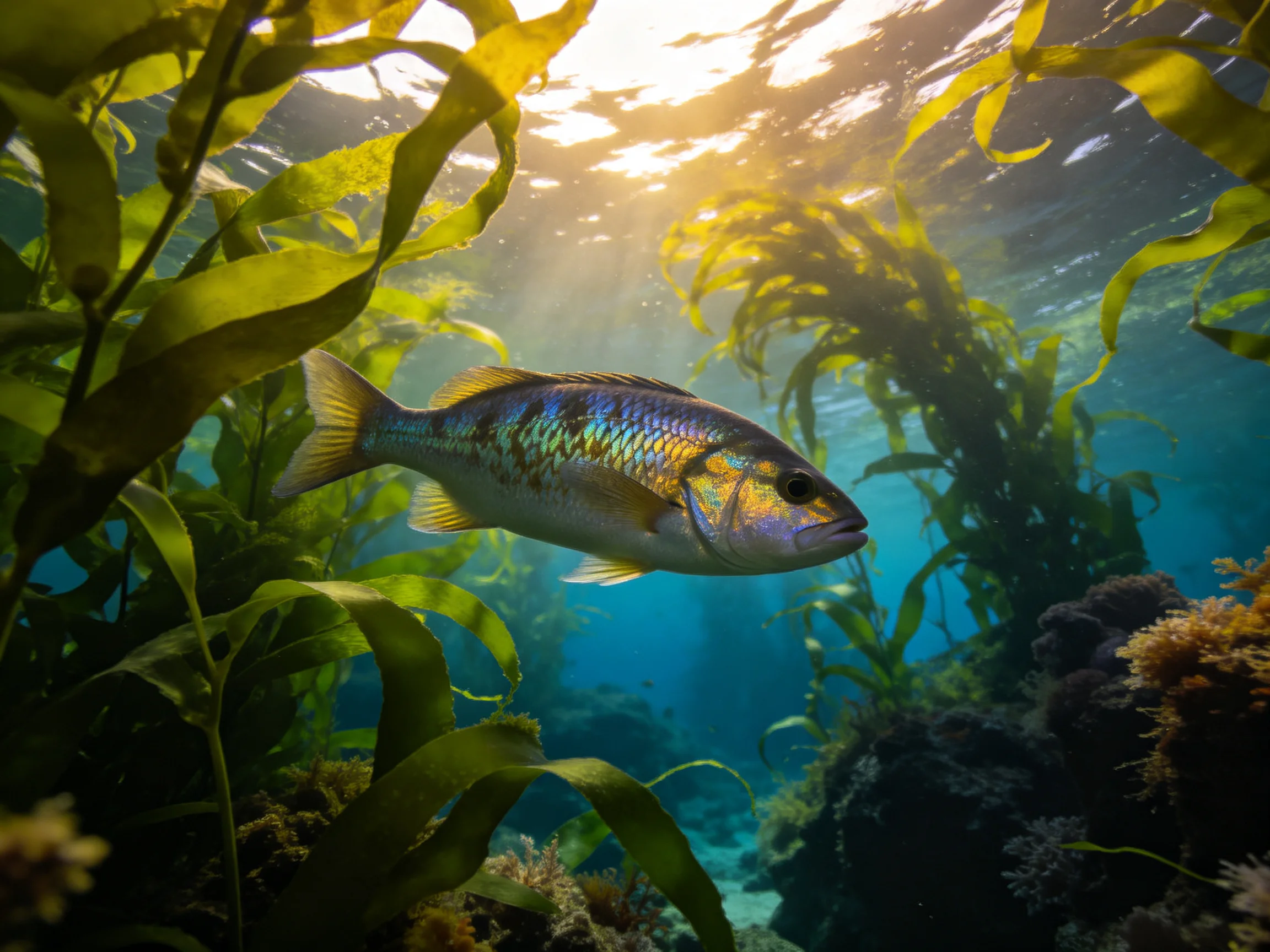 A shimmering fish swims among lush kelp and coral reefs