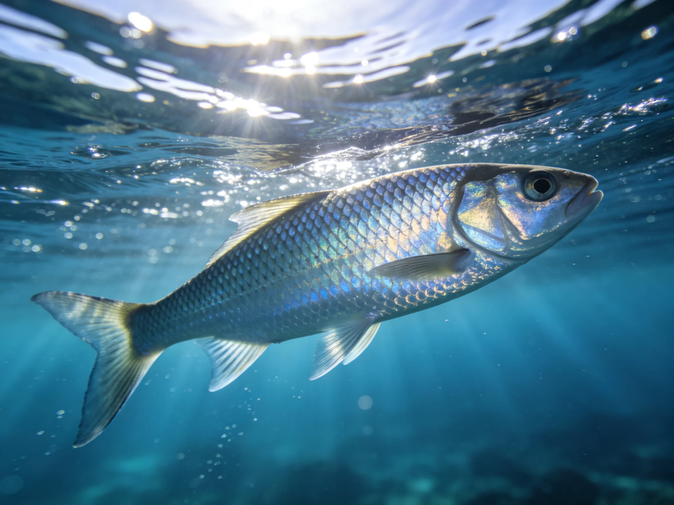 A shimmering silver fish swims in clear turquoise waters