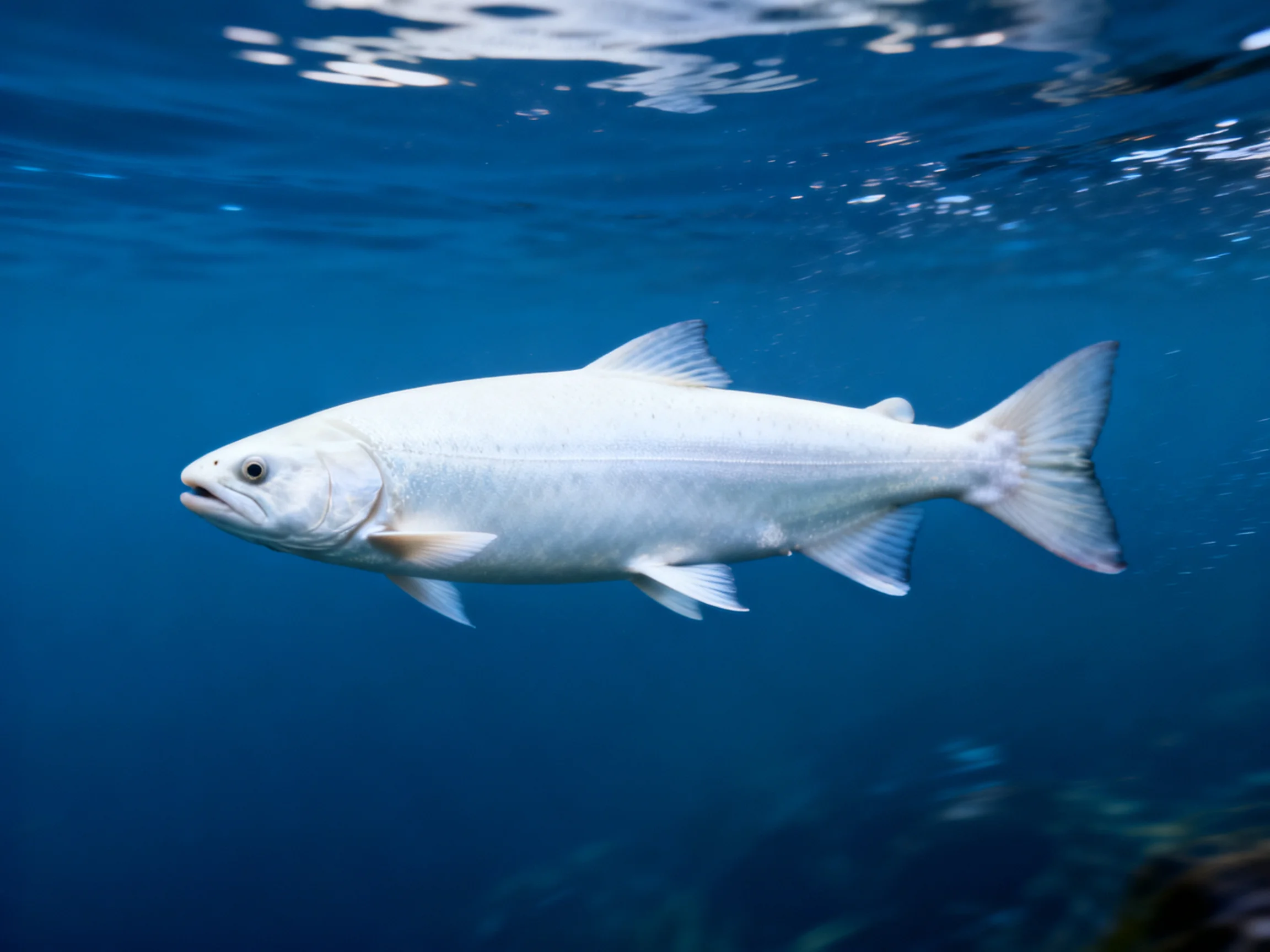 A silver fish swimming in deep blue ocean water