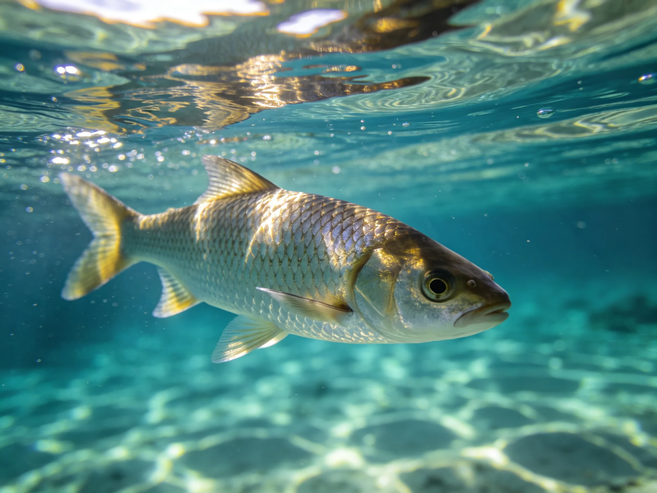 A silver fish swims in clear turquoise underwater waters
