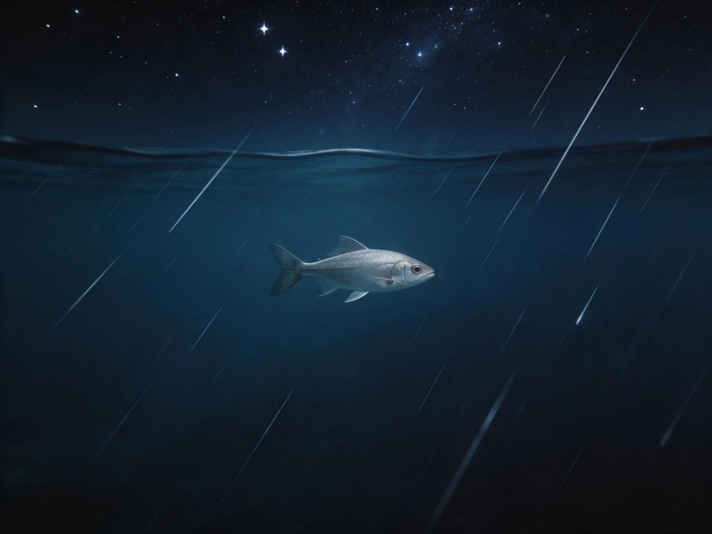 A silver fish swims in deep blue water under starry night with falling streaks