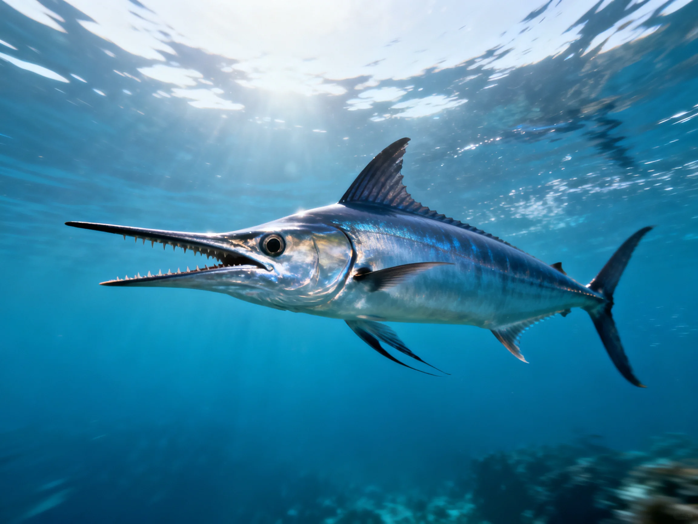 A silver marlin swims in clear blue ocean waters near coral formations