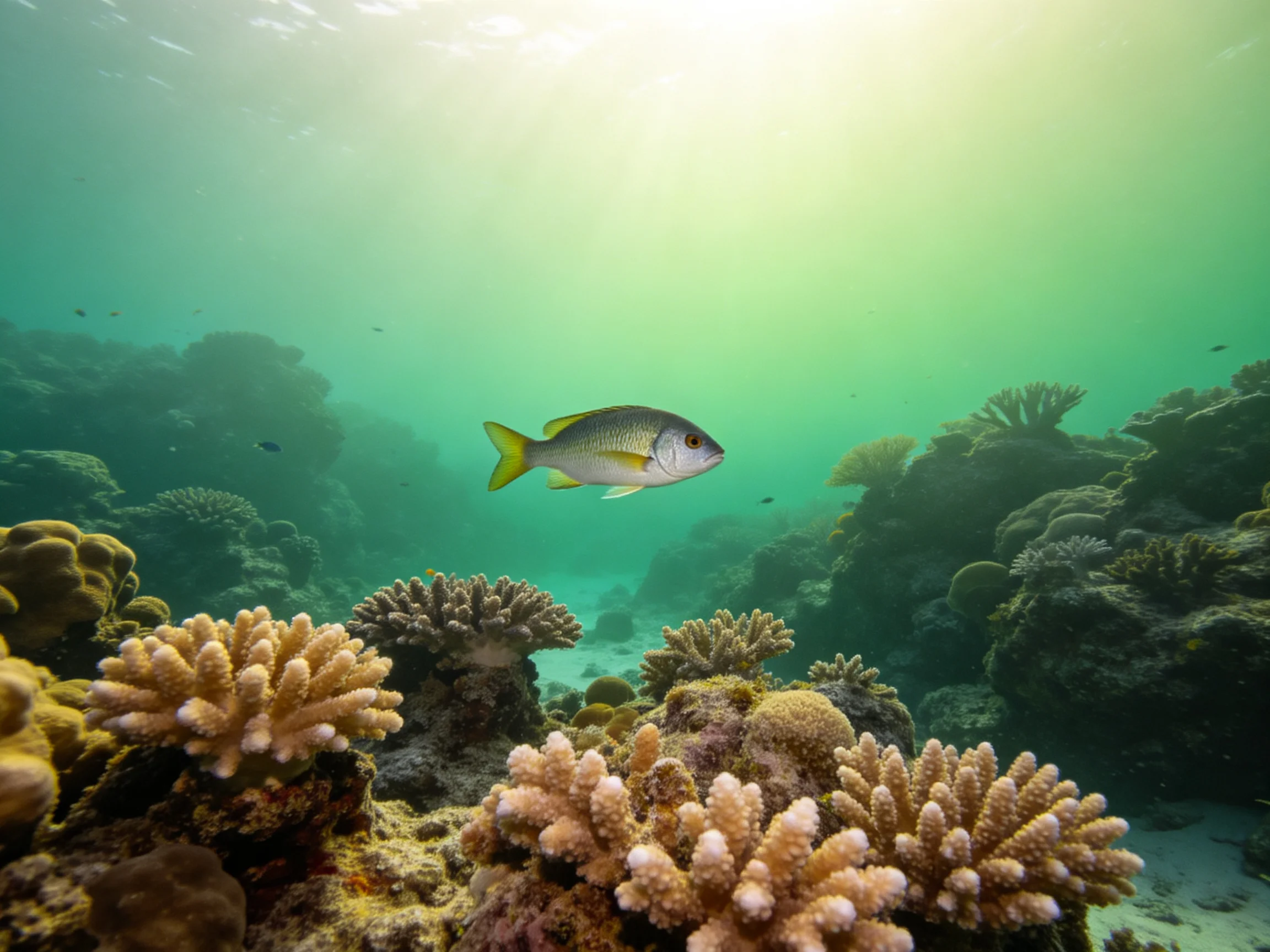 A silver-yellow fish swims near colorful coral formations in clear turquoise water
