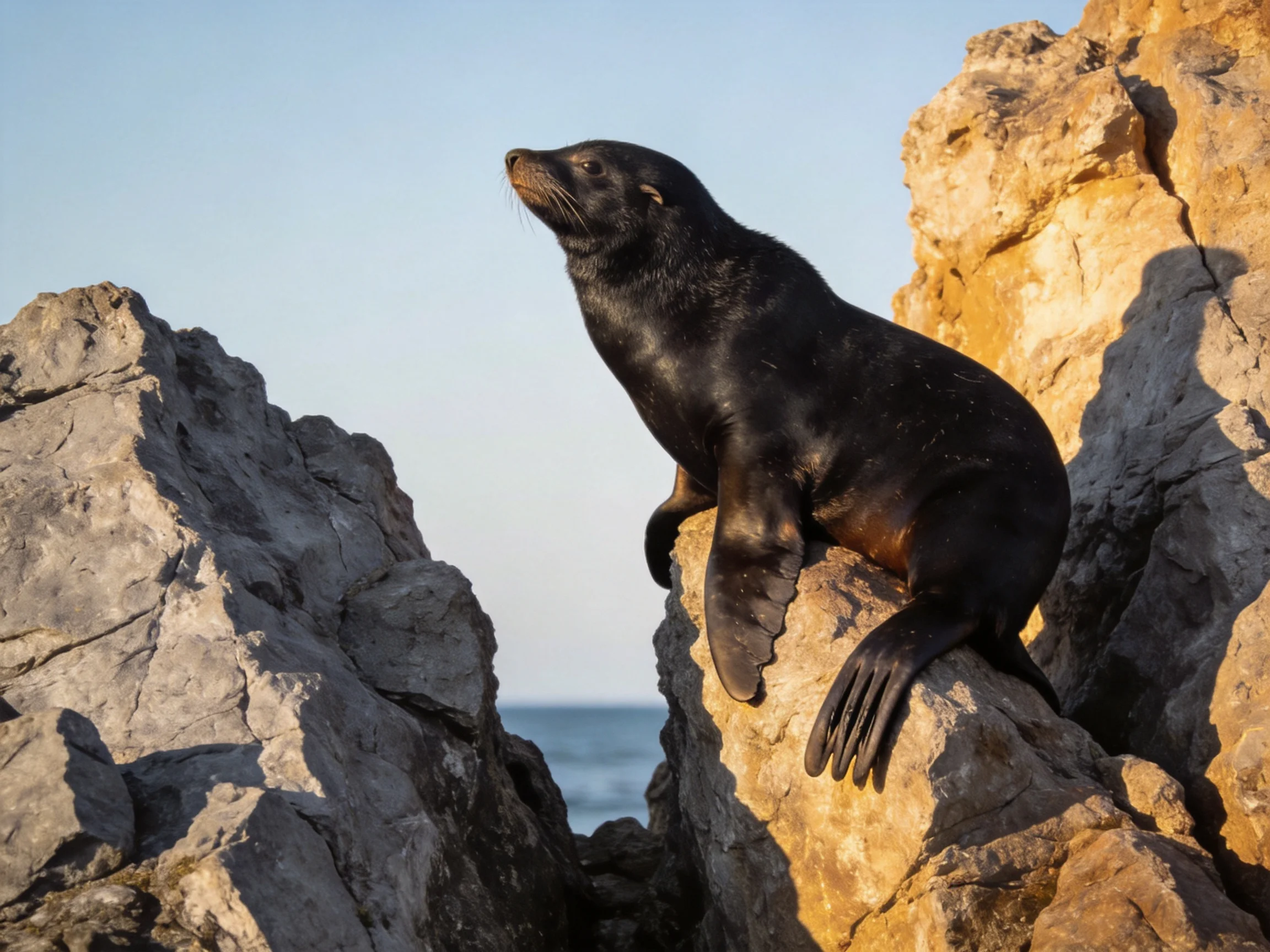 A sleek black sea lion perched on rugged coastal rocks by the sea