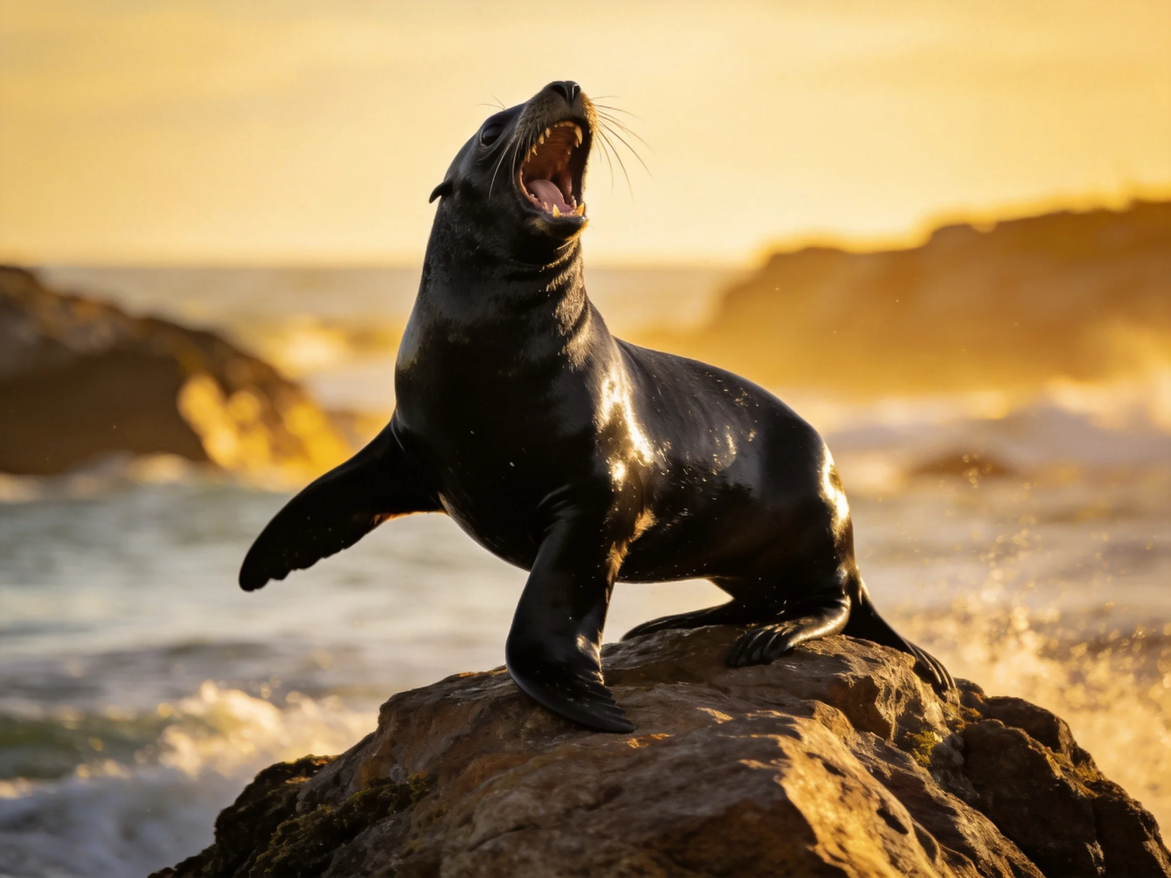 A sleek black sea lion yawning on a rocky outcrop by the ocean