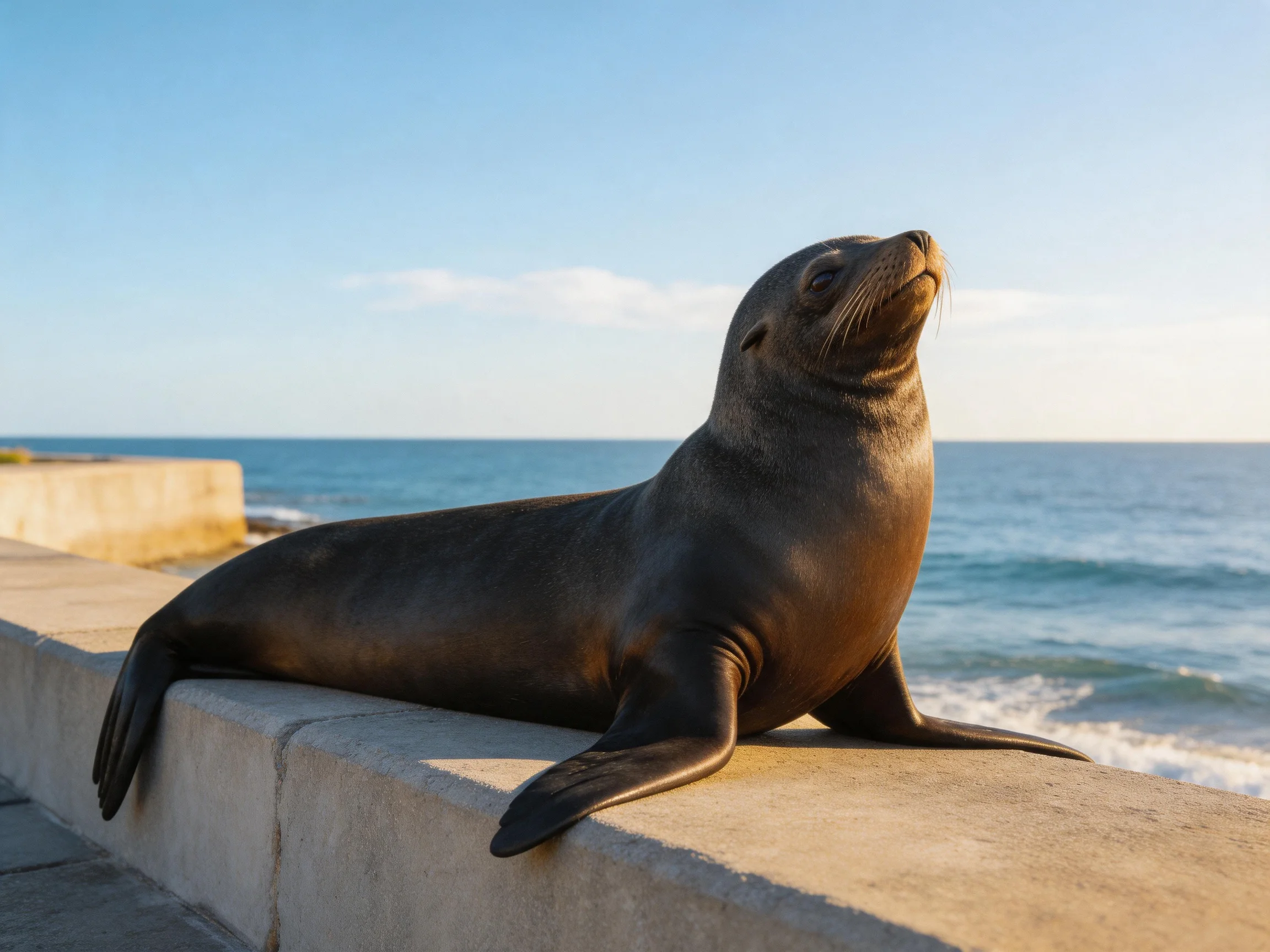 A sleek dark gray sea lion rests on a concrete seawall by the ocean