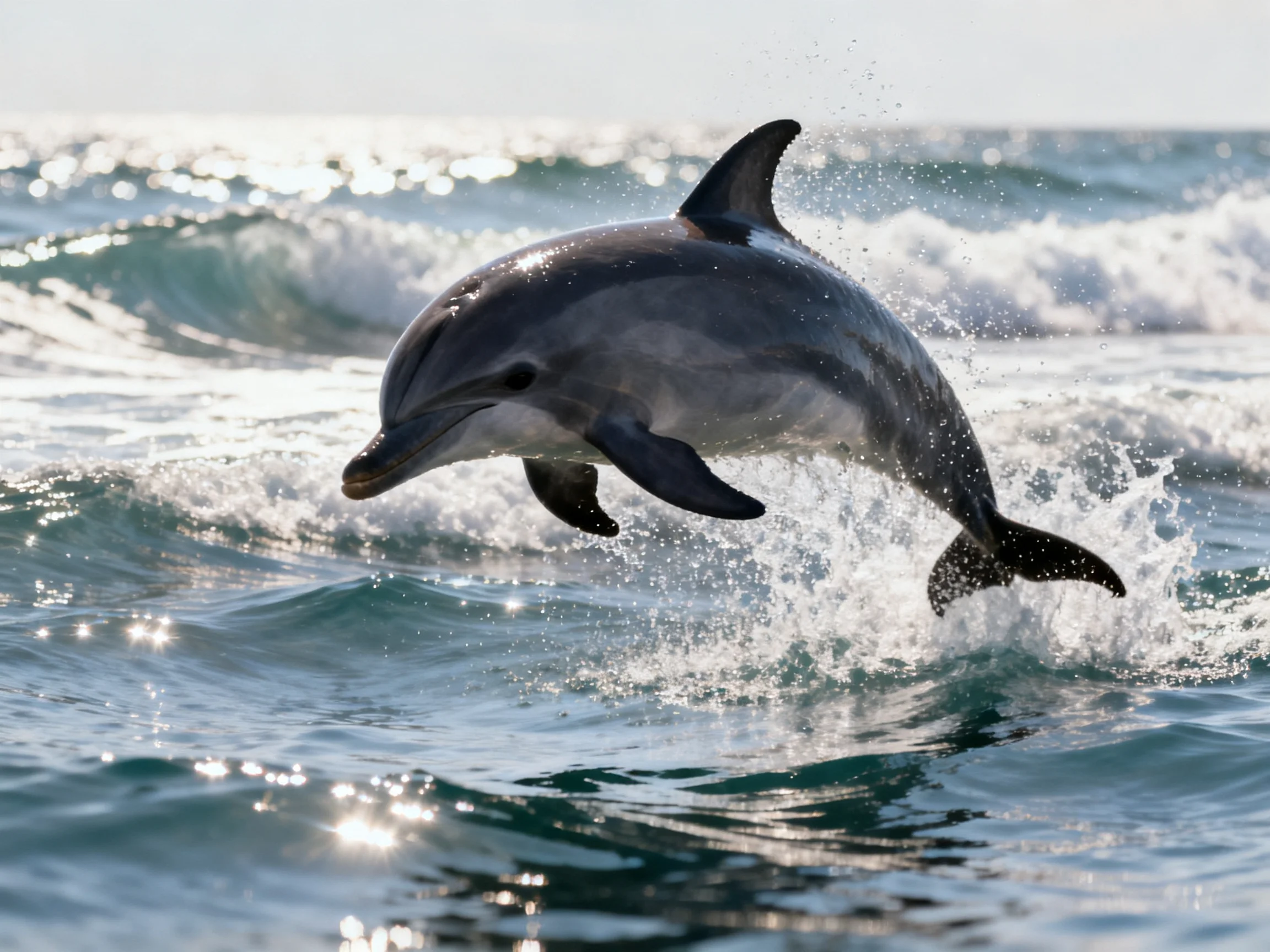 A sleek gray dolphin leaps over turquoise ocean waves under bright sunlight