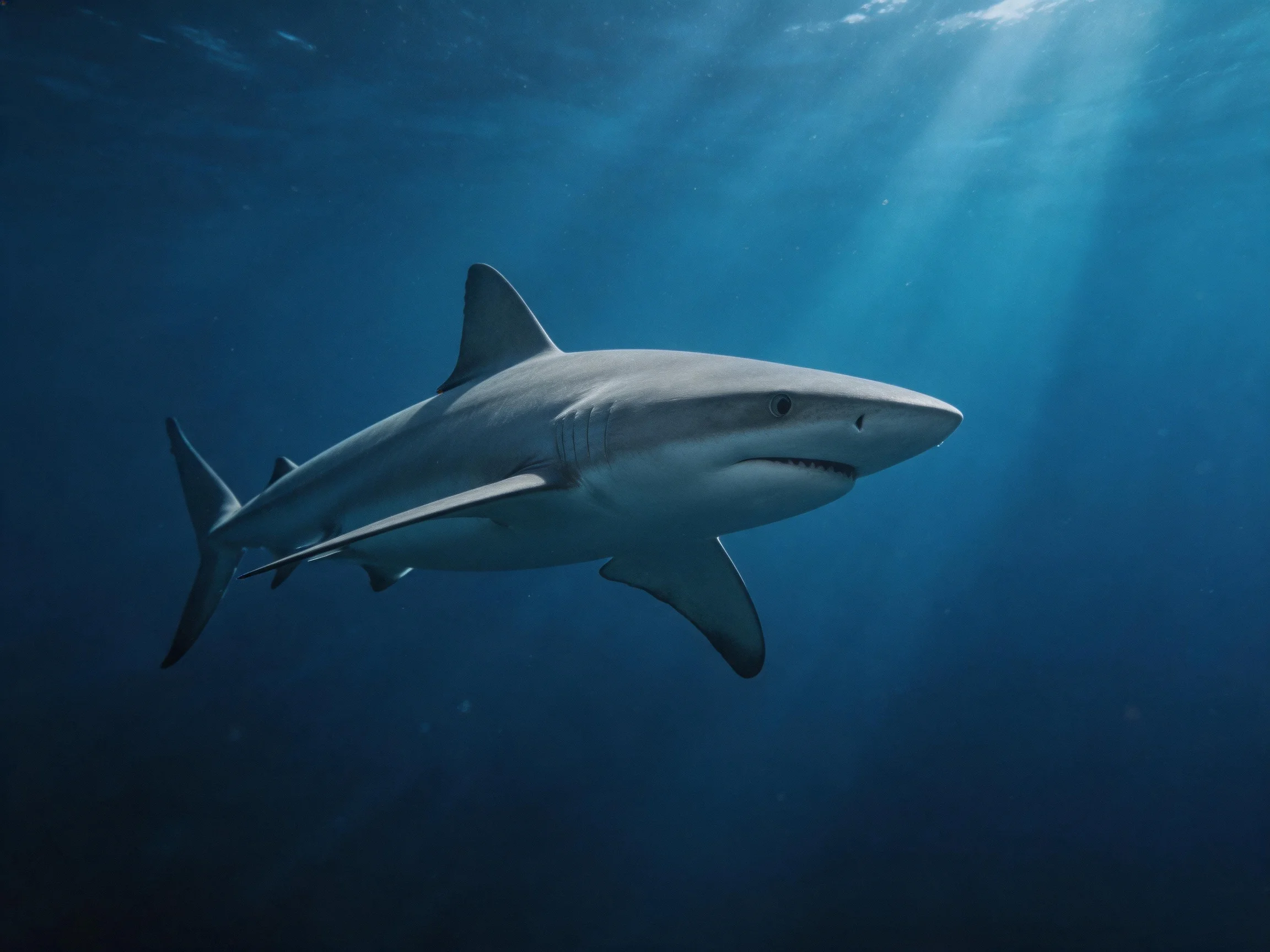 A sleek gray shark swims in deep blue ocean depths with sunlight filtering down