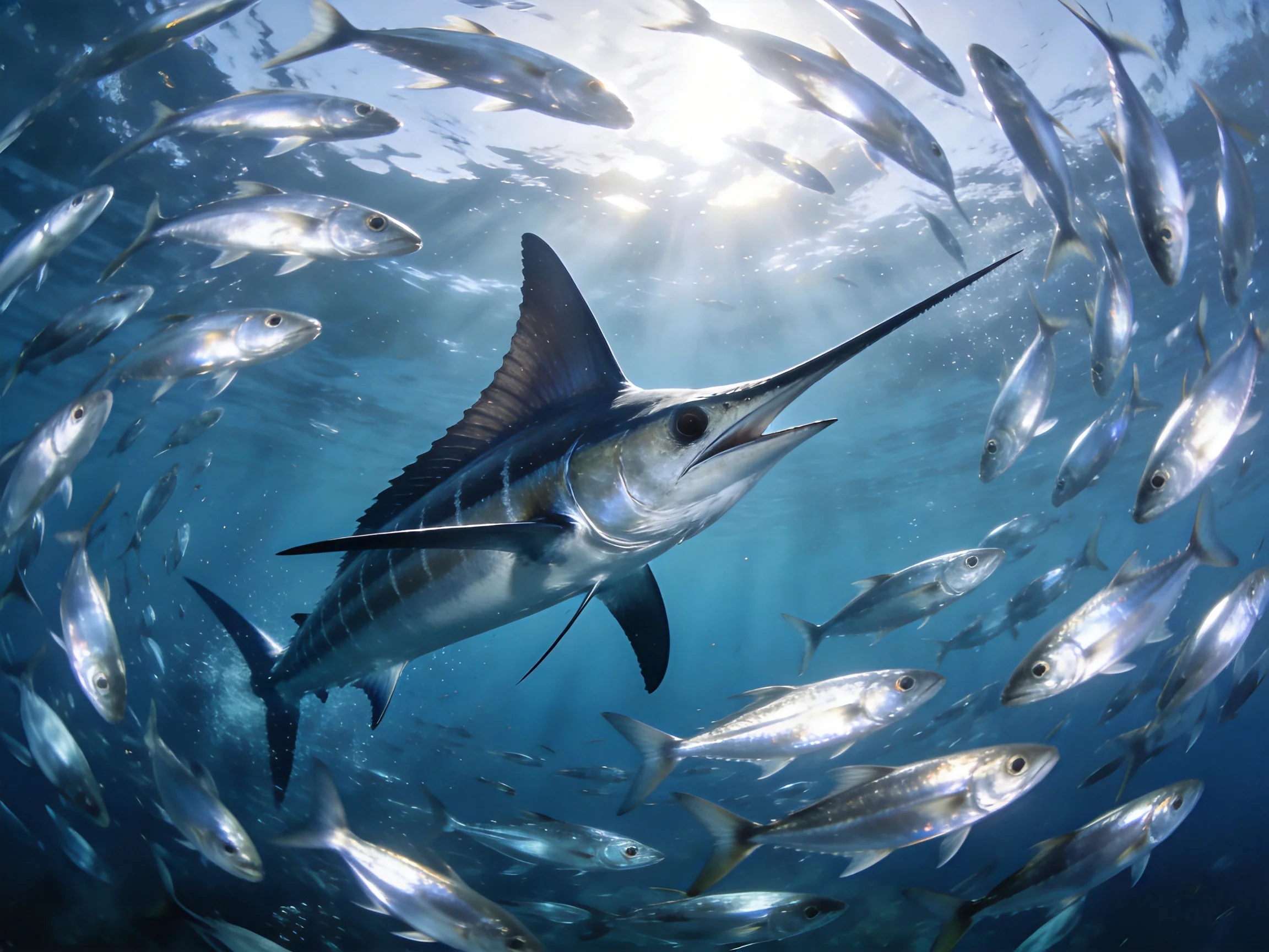 A sleek marlin swims amid a school of silver fish in sun-dappled blue waters