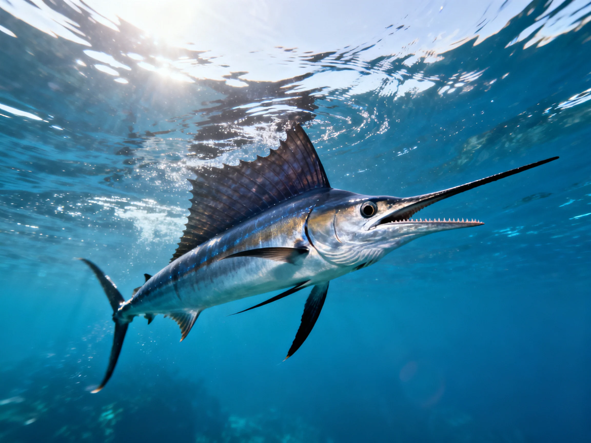 A sleek sailfish swims gracefully in clear blue ocean waters