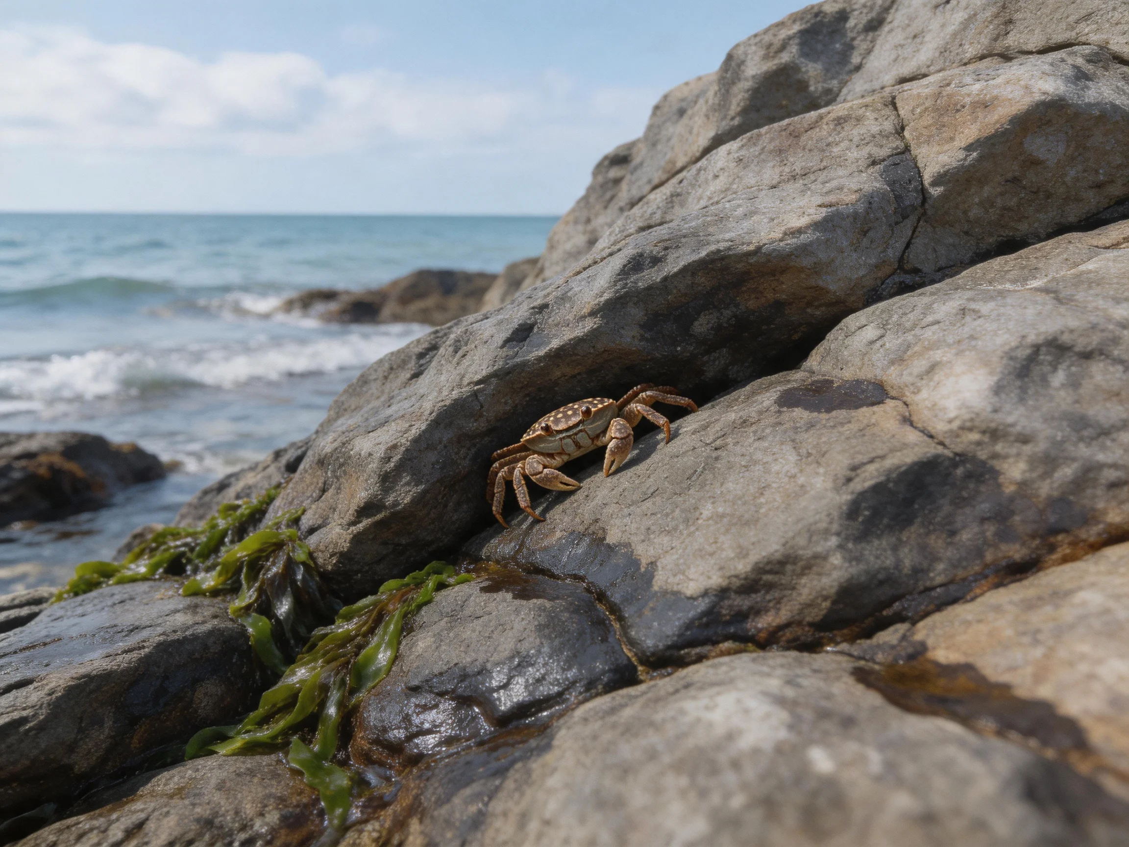 A small brown crab perched on weathered gray rocks by the ocean