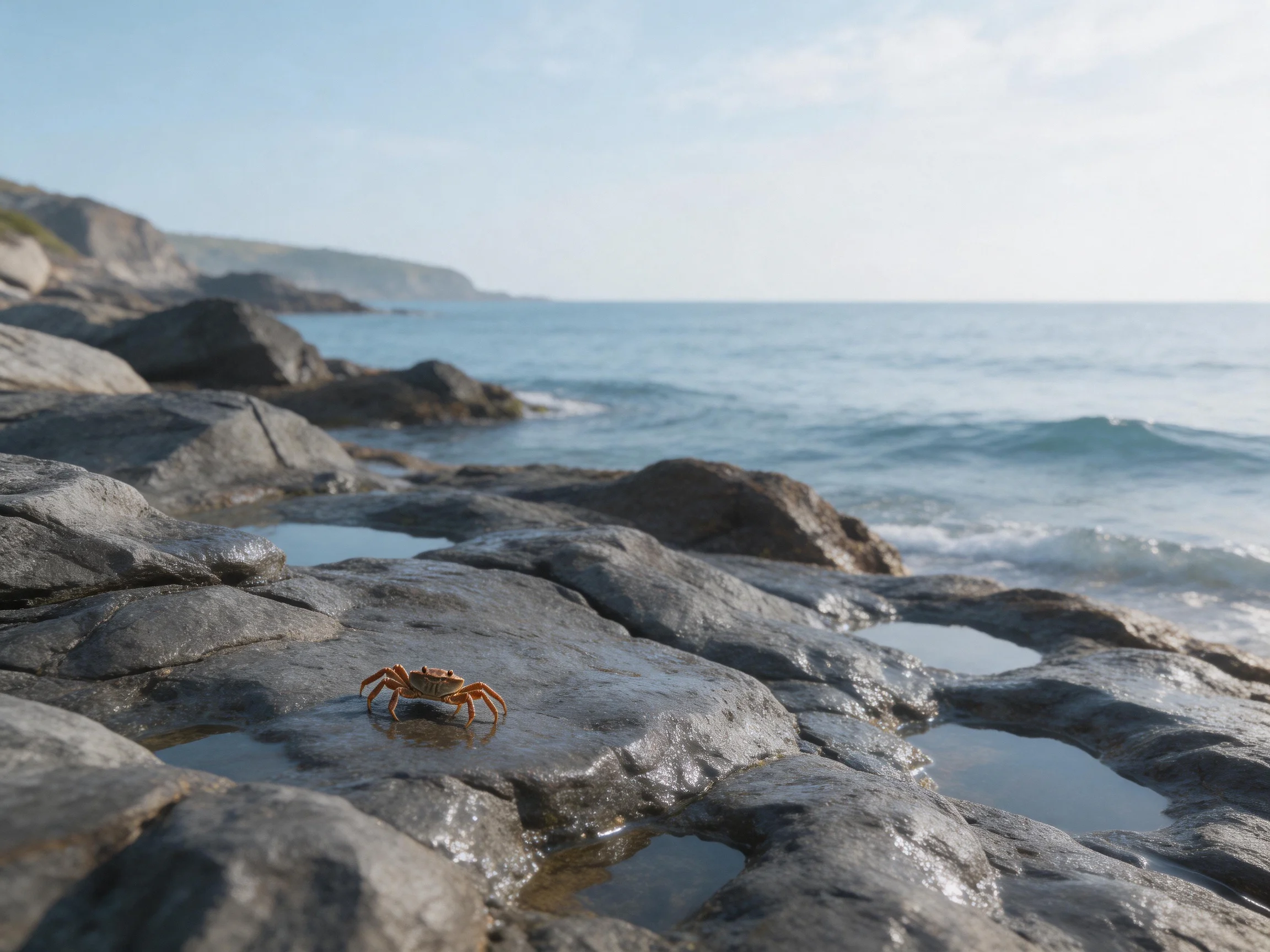 A small brown crab sits on wet coastal rocks by the ocean
