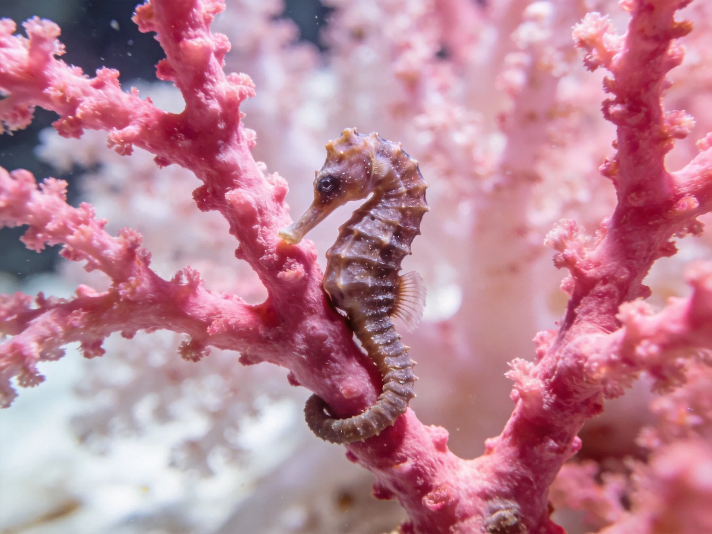 A small brown seahorse clings to vibrant pink coral branches