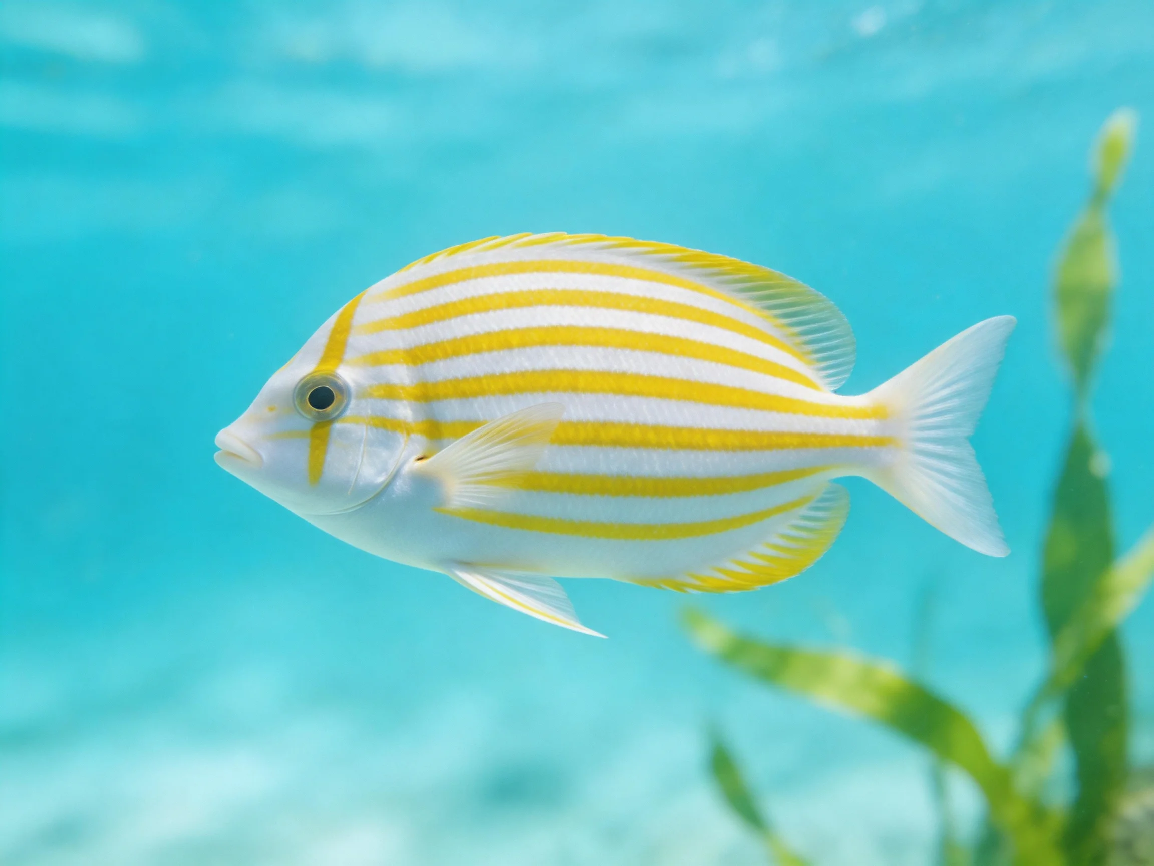 A small fish with yellow and white stripes swimming in clear blue water