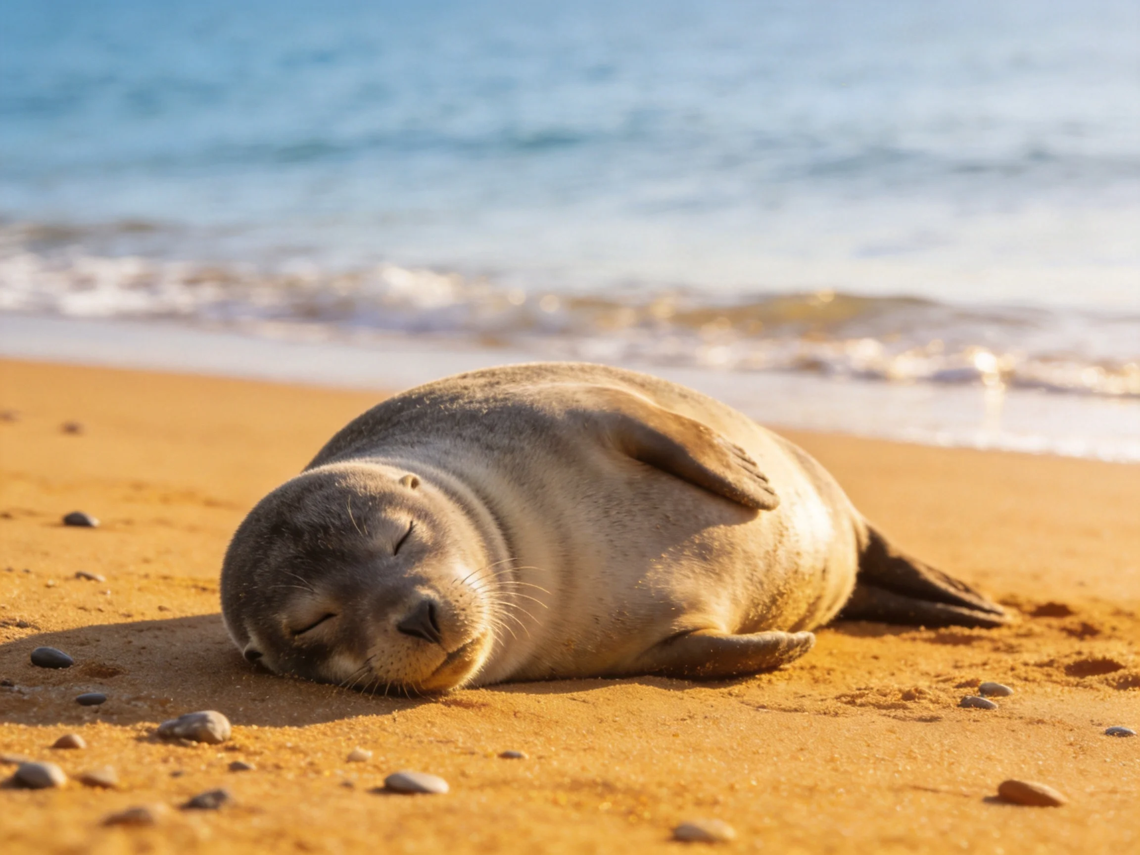 A small gray seal rests on golden sand by calm blue ocean