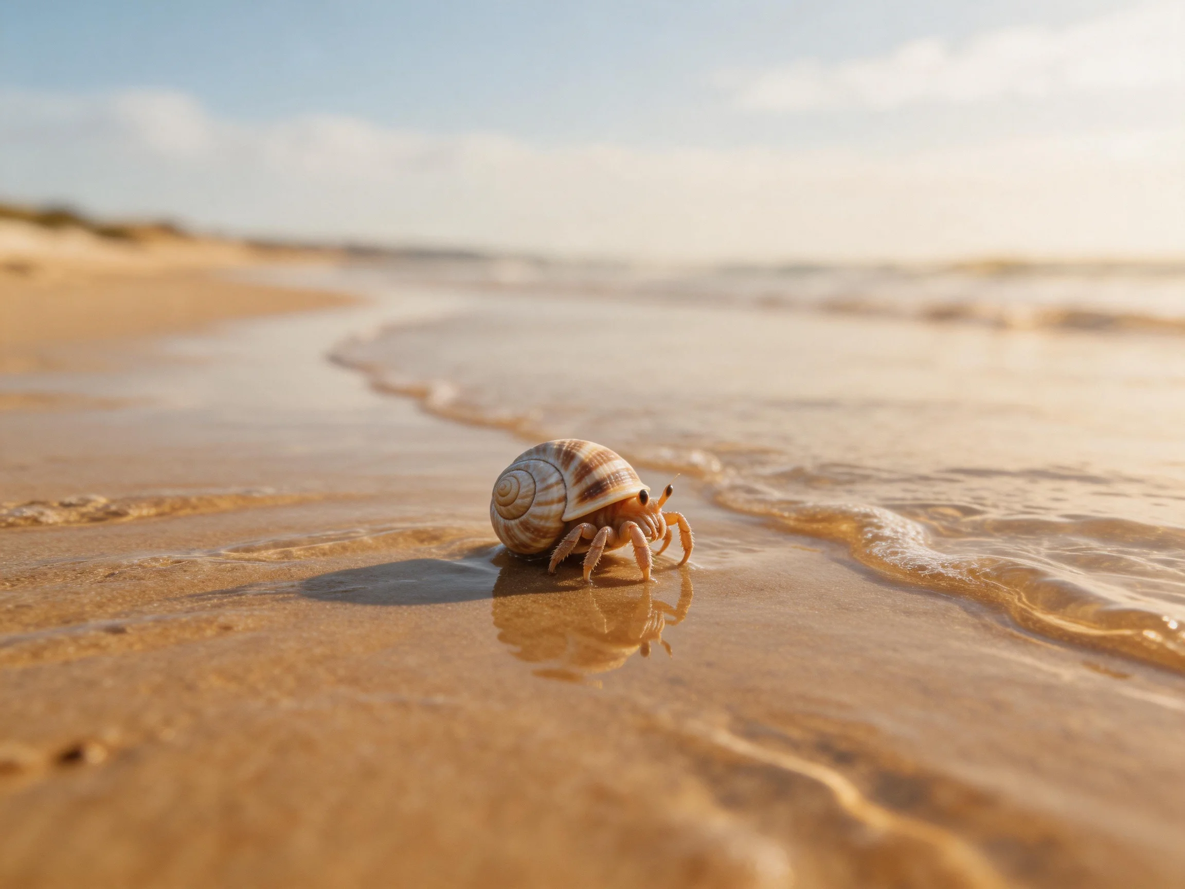 A small hermit crab crawls on wet golden sand near ocean waves