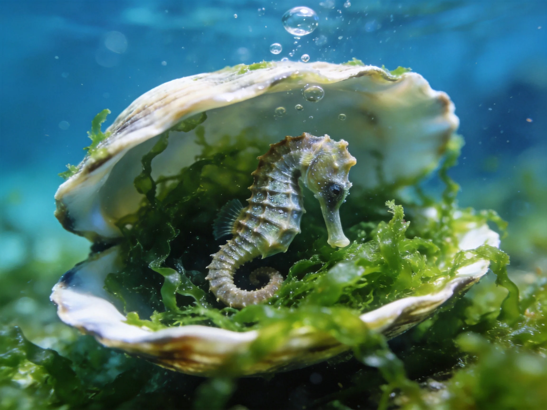 A small seahorse nestled in a large open oyster shell surrounded by green seaweed