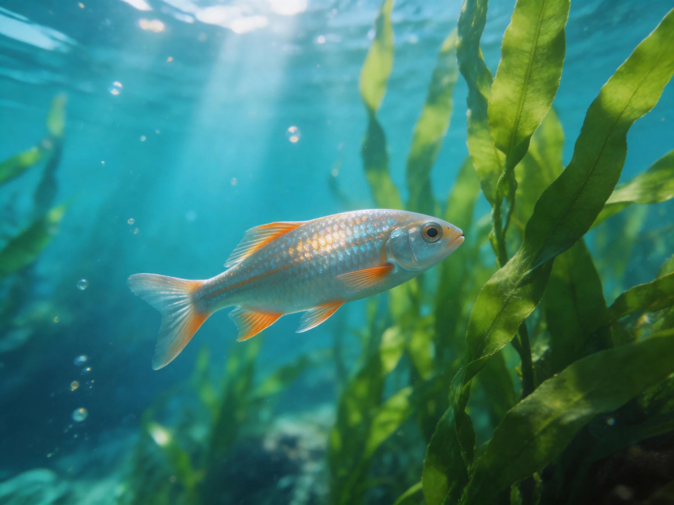 A small silver-orange fish swims near lush green seaweed in clear turquoise water