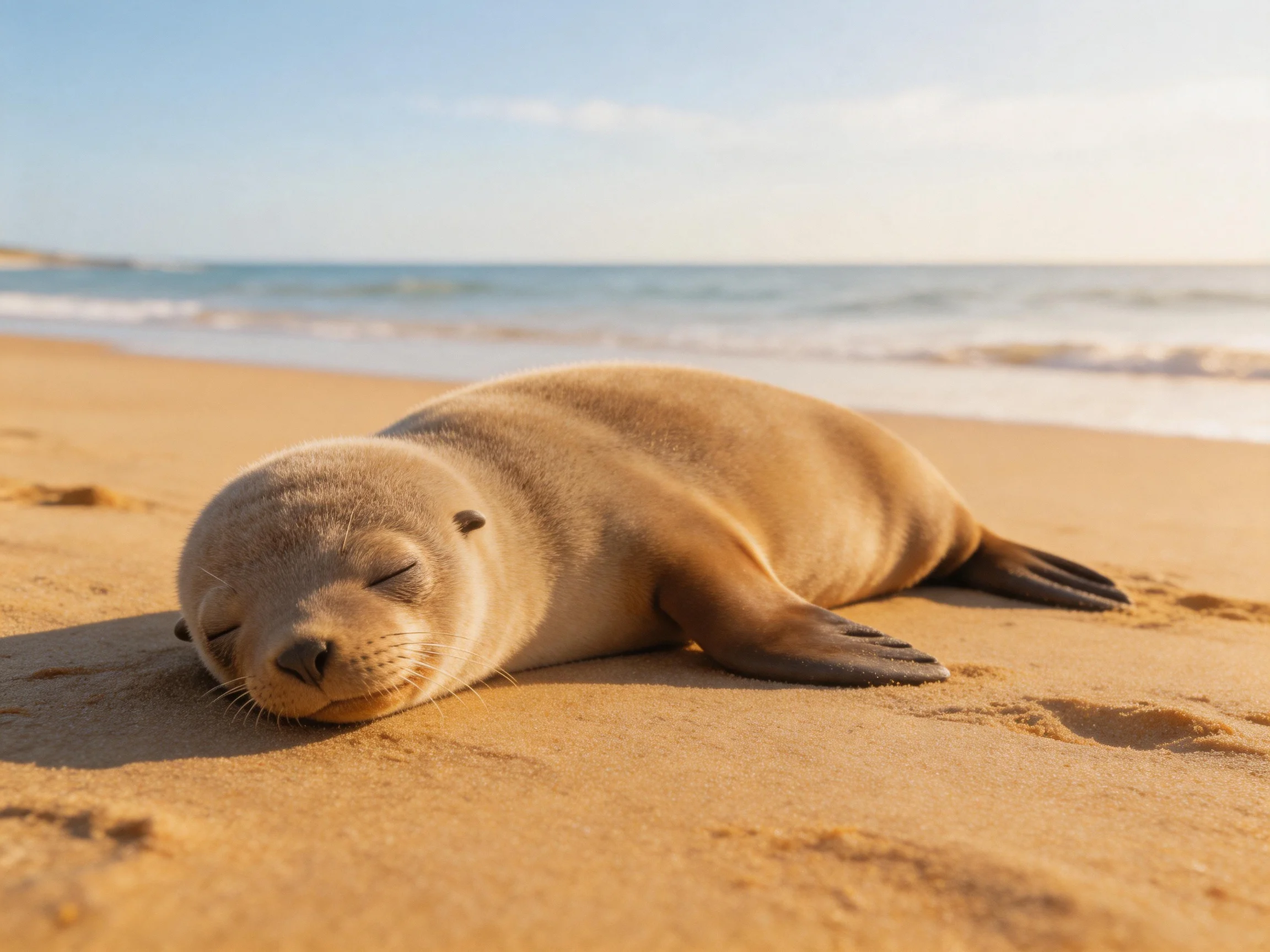 A small tan seal pup resting on golden sand by the blue sea