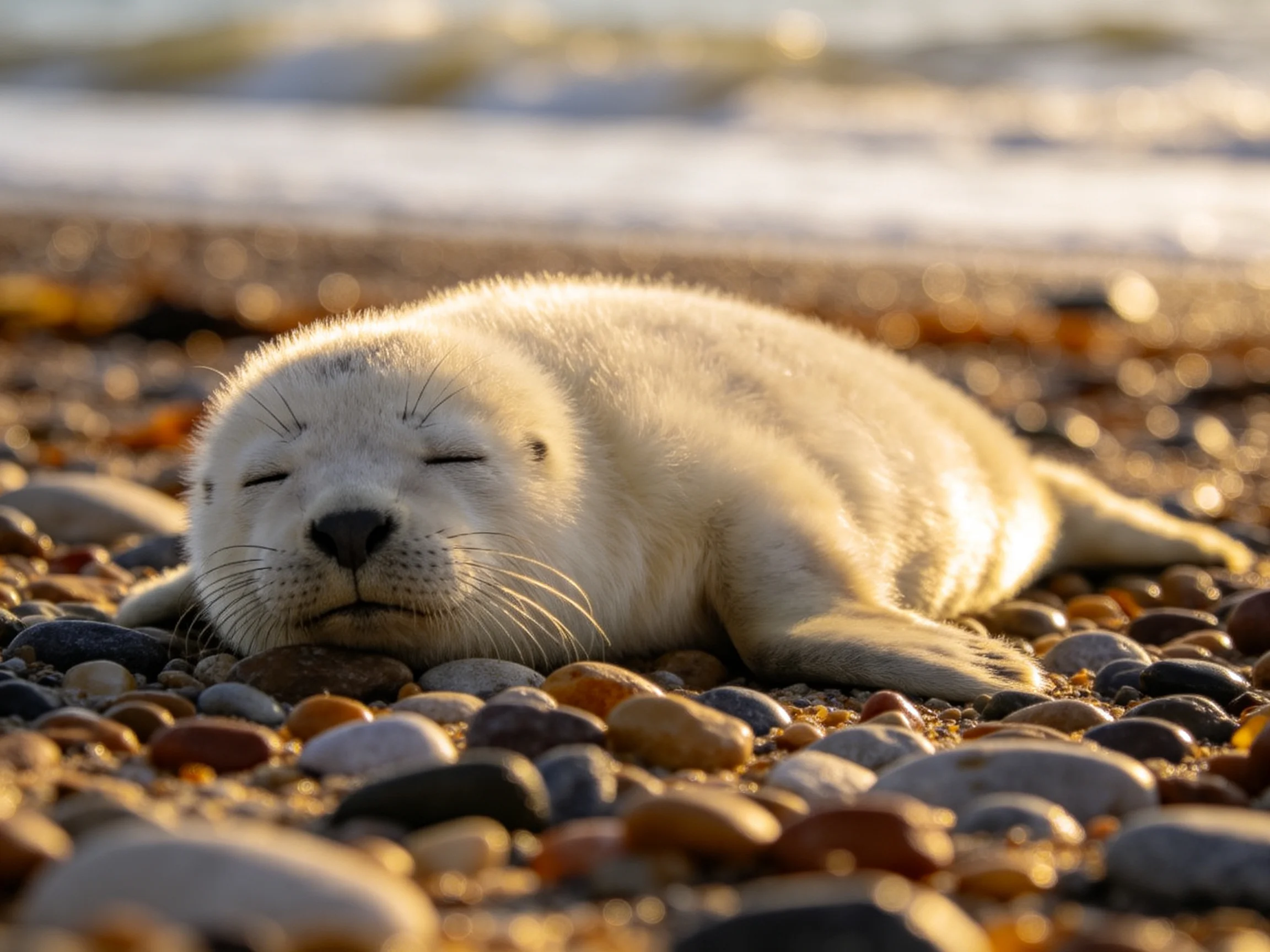 A small white seal pup resting on multicolored pebbles by the shoreline