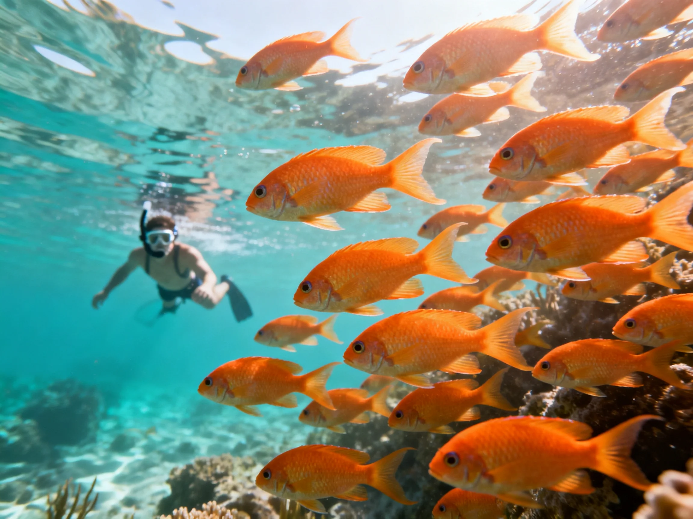 A snorkeler encounters a large school of orange fish near coral reefs