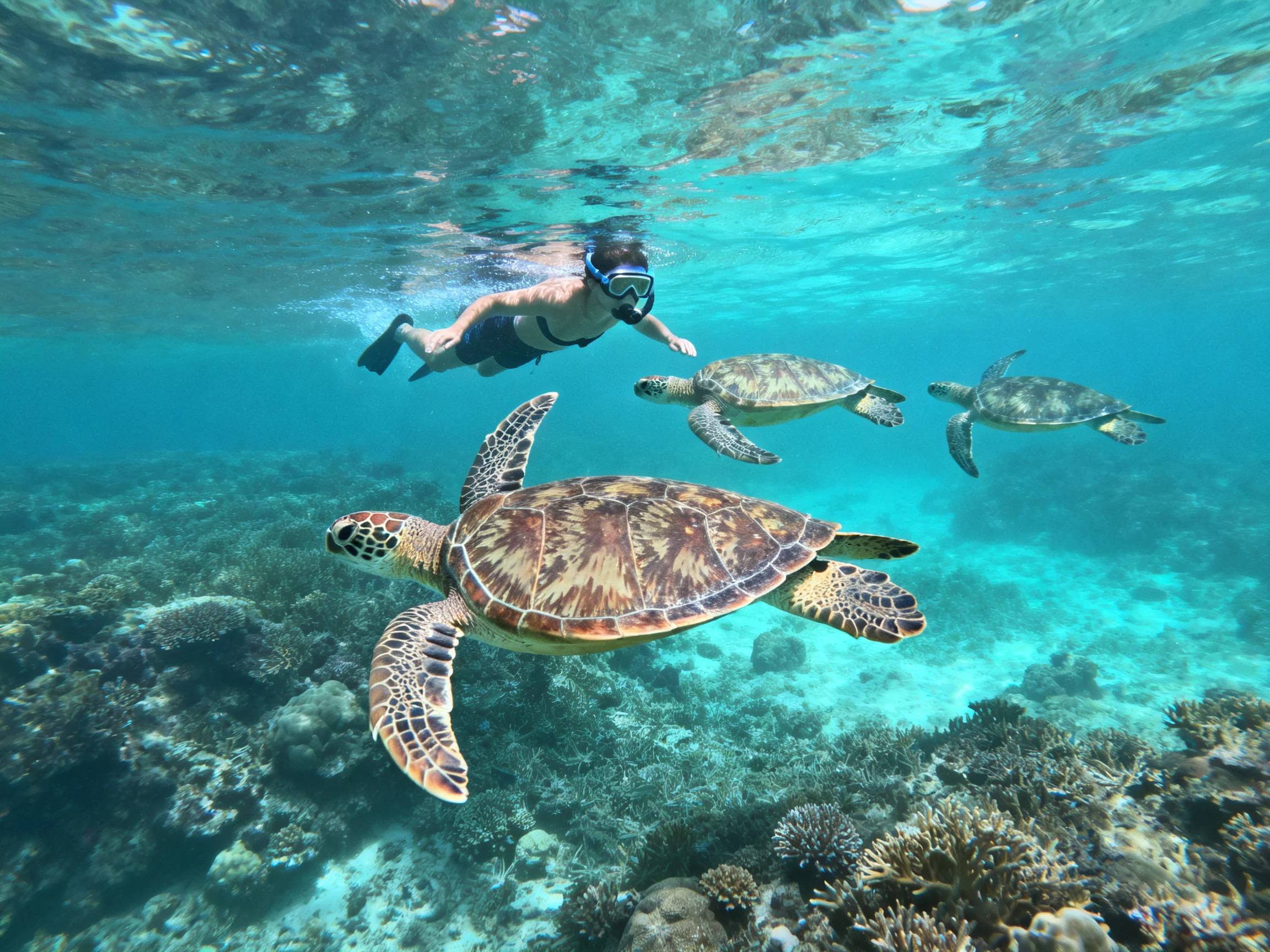 A snorkeler explores a vibrant coral reef with three sea turtles