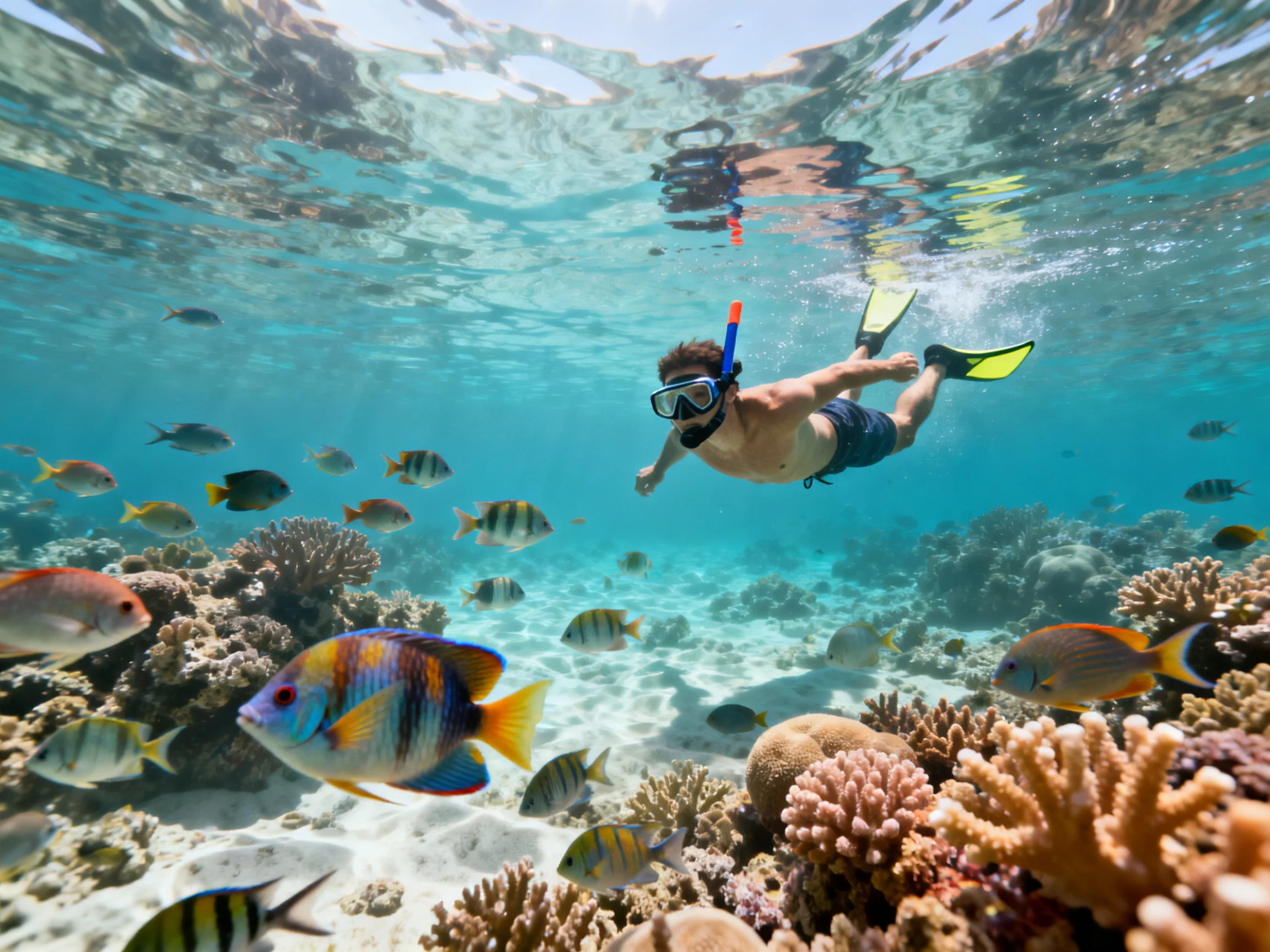 A snorkeler explores vibrant coral reef with diverse tropical fish