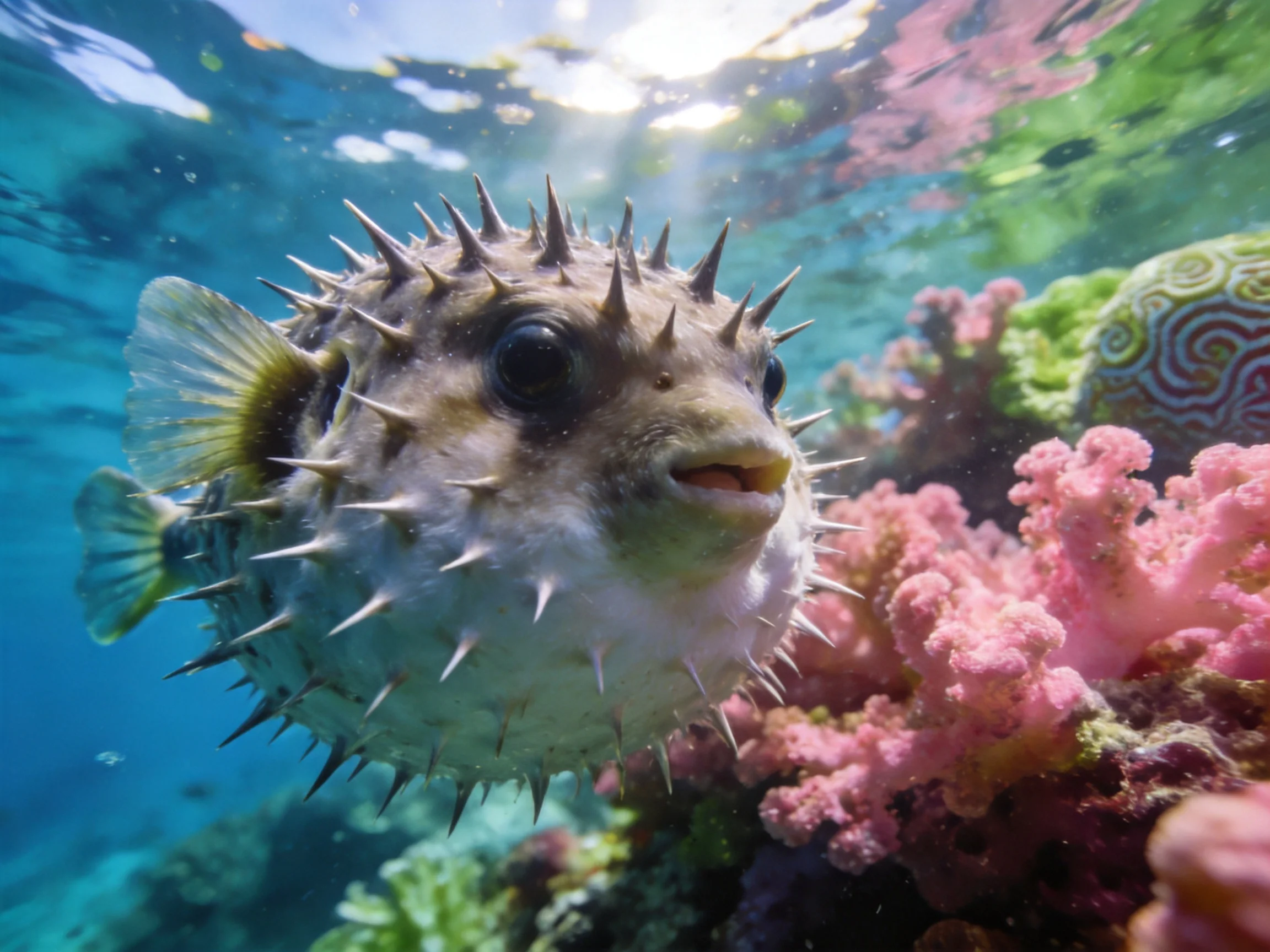 A spiky pufferfish swims near vibrant coral reefs